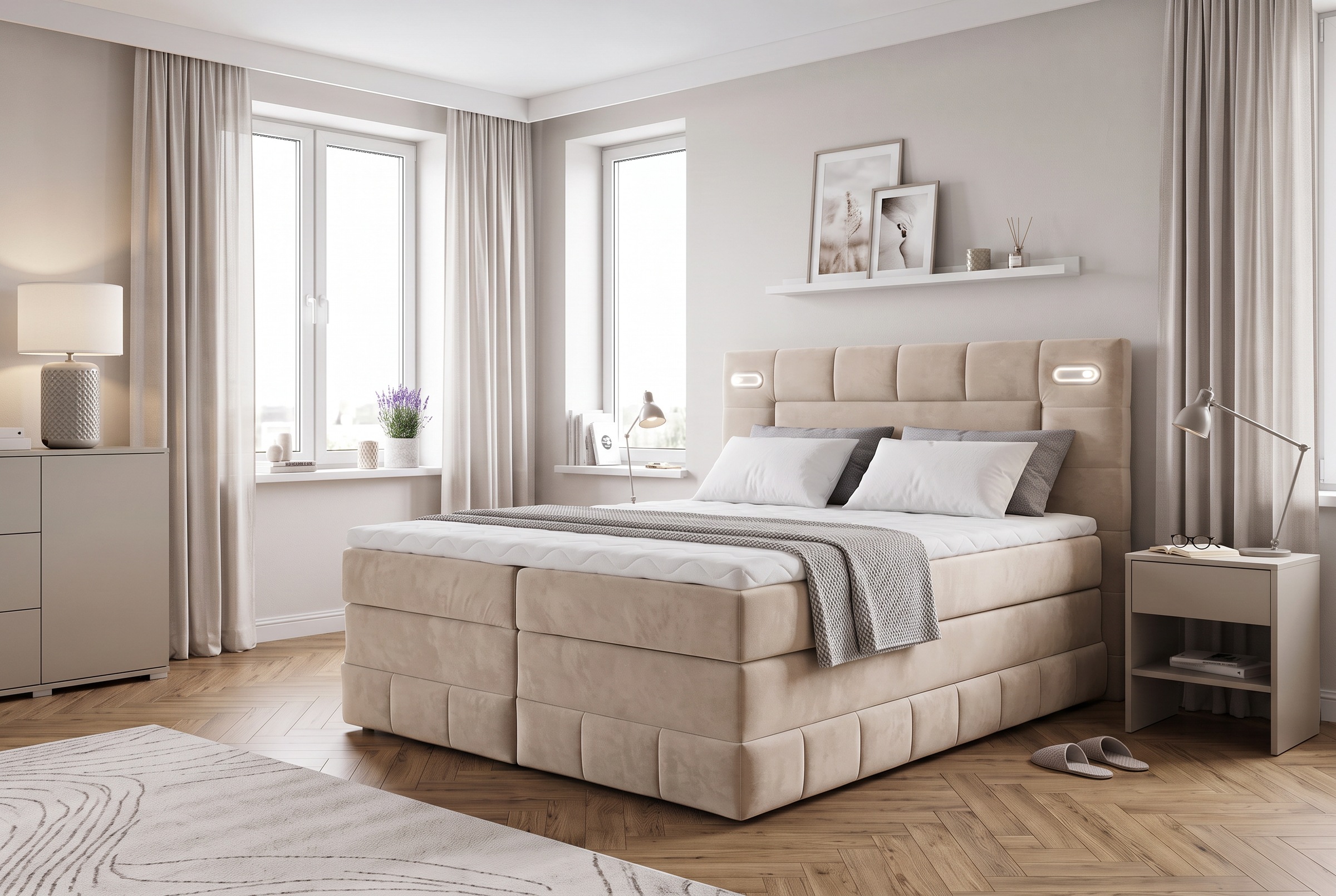 OTTO home Boxbett "PHILIPPA, Polsterbett mit Bettkasten, mit Taschenfederkernmatratze H3" mit Kaltschaum-Topper, Microfaser-Bezug, wahlweise mit LED-Beleuchtung