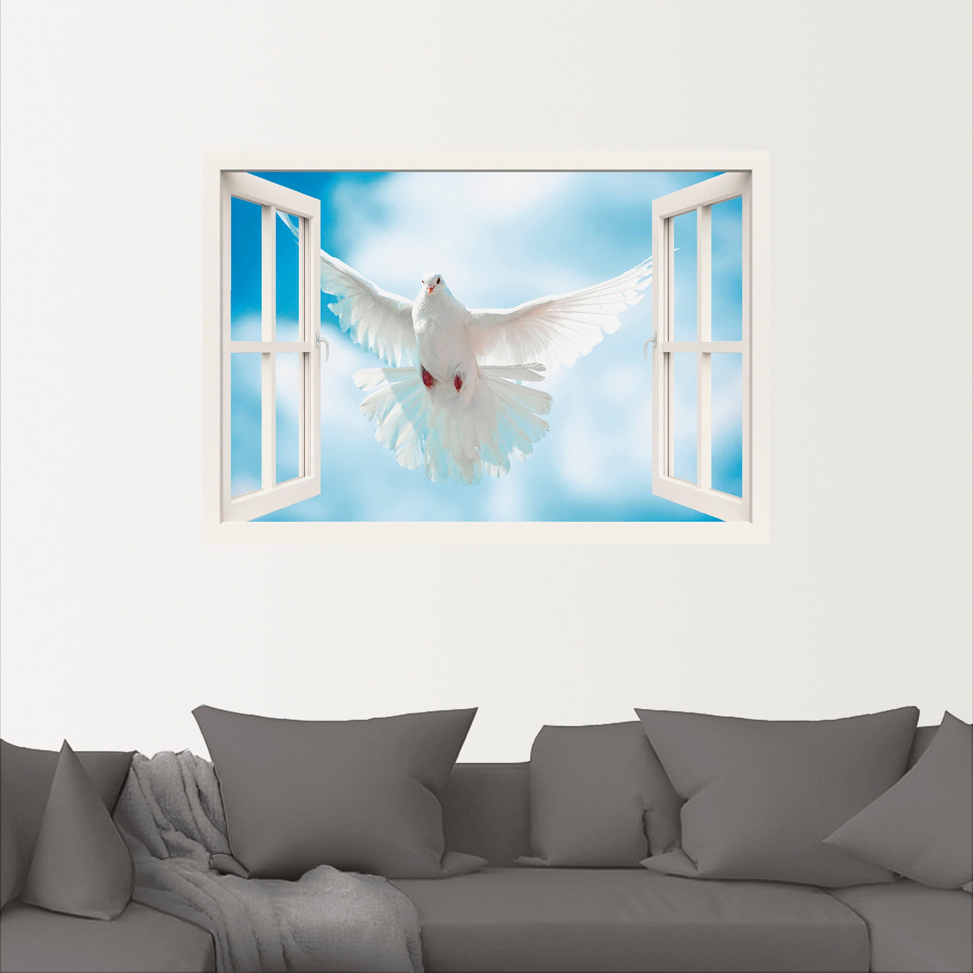 Artland Wandbild »Fensterblick Taube vor der Sonne«, Vögel, (1 St.), als Leinwandbild, Wandaufkleber in verschied. Größen