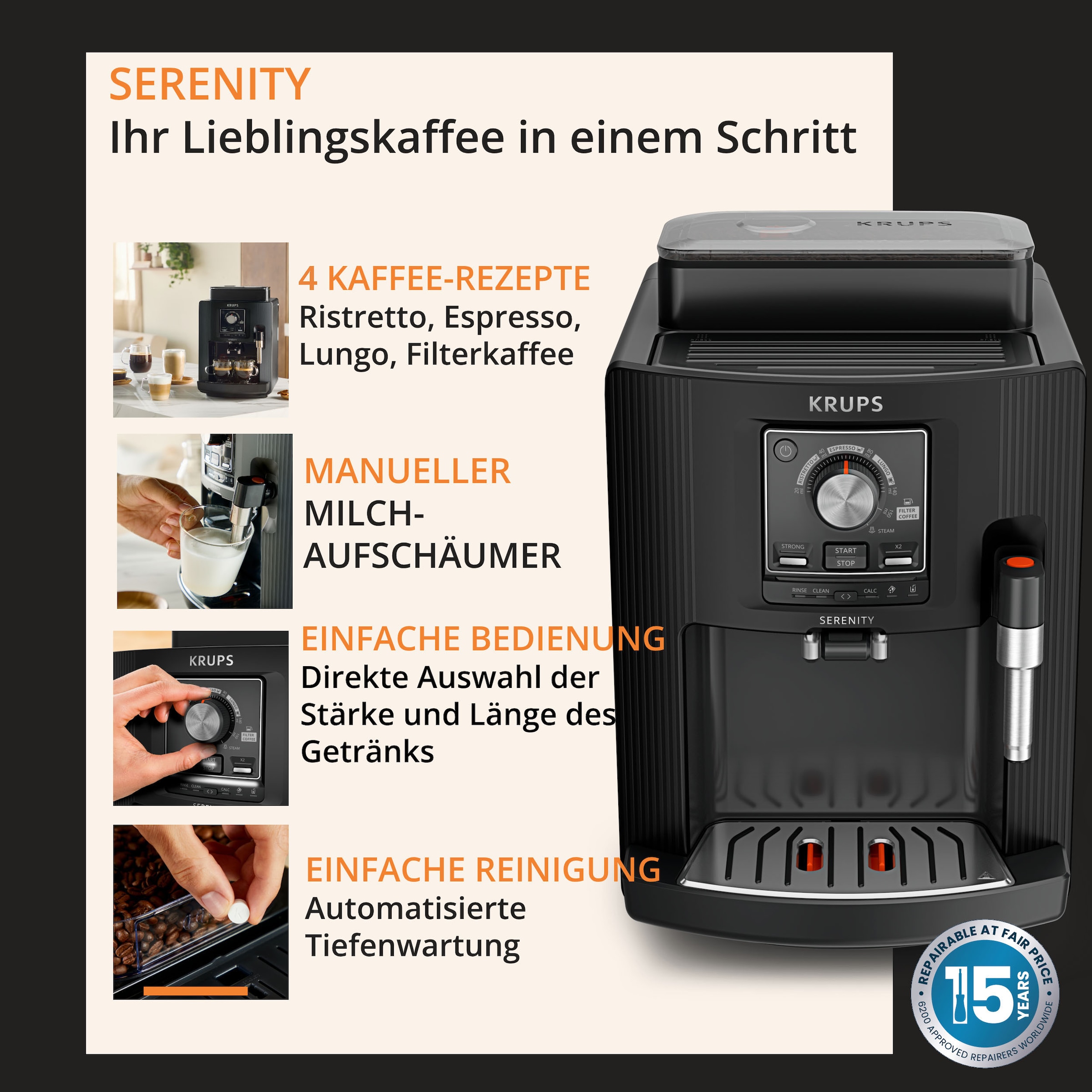 Krups Kaffeevollautomat »EA4008 Serenity« 4 Getränke, Dampfdüse, automatische Reinigung, Doppeltassen-Funktion