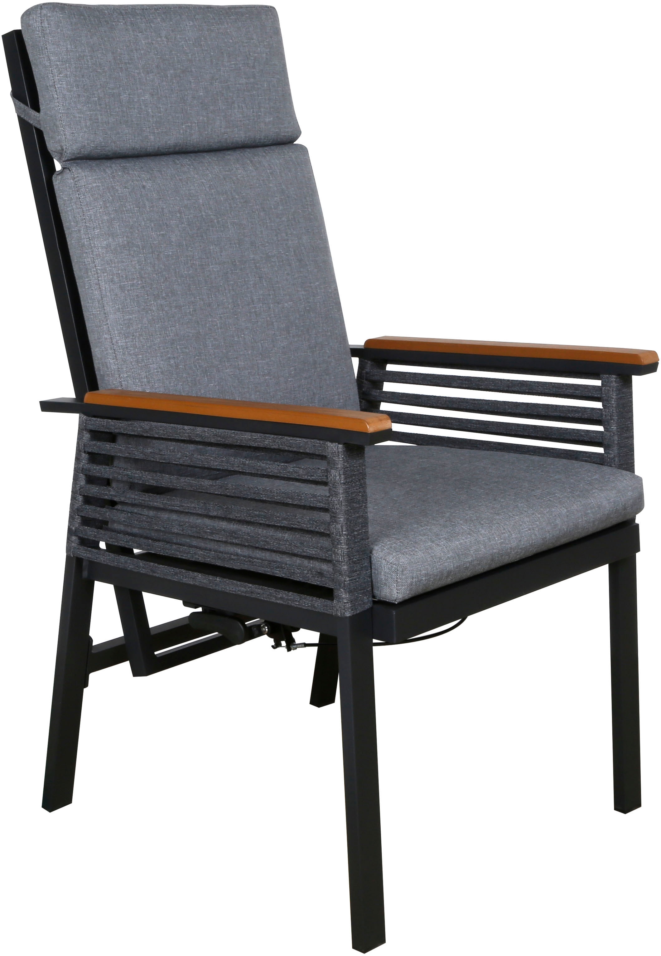 KONIFERA Garten-Essgruppe »Edessa Komfort«, (Set, 17 tlg., 8x Stuhl mit Rückenverstellung, 1x Tisch 220x97x74 cm, inkl. Auflagen), Tischplatte aus Alu-Lamellen,Armlehne mit Seilgeflecht&Noonwood-Latten