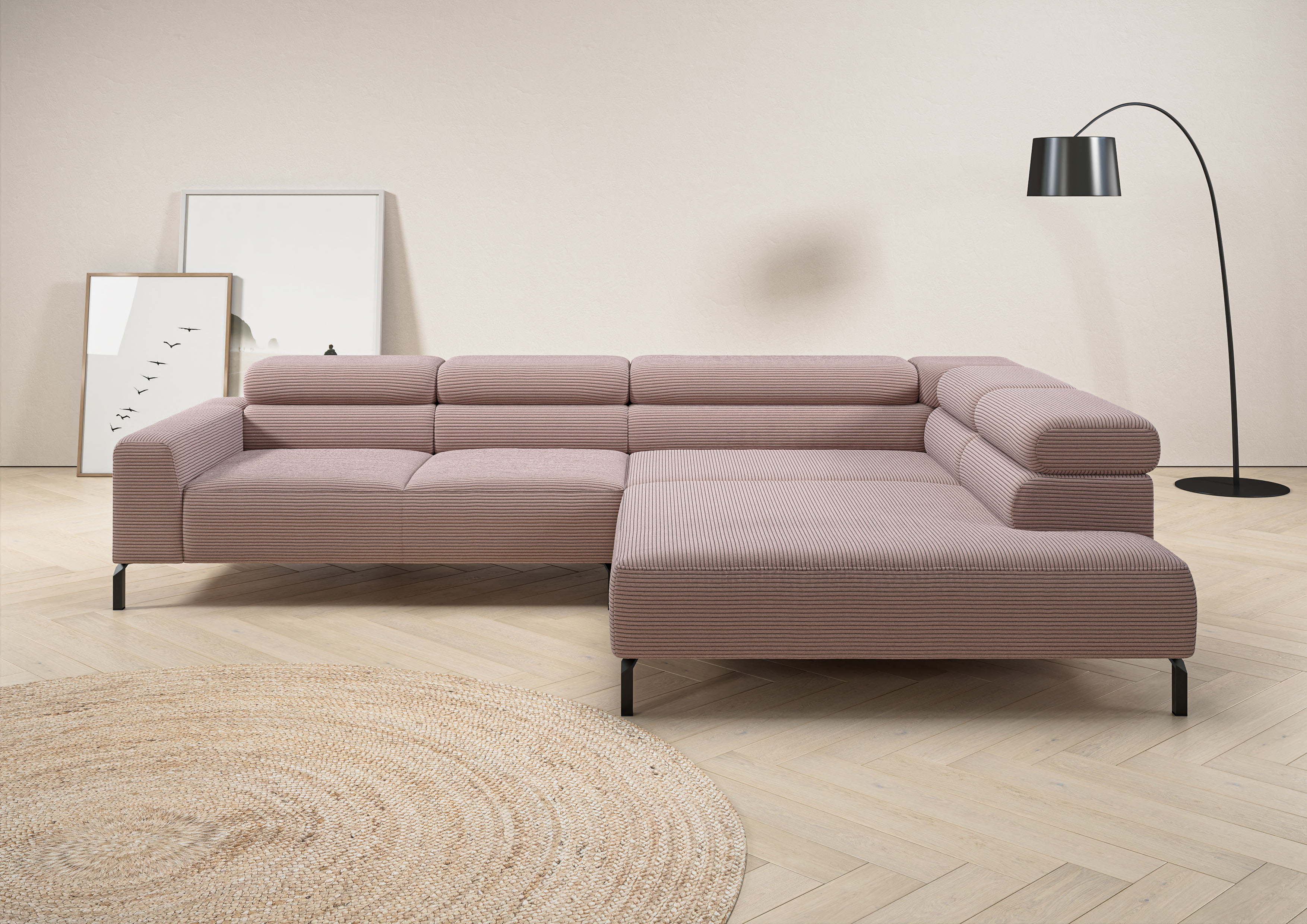 Home affaire Ecksofa "Antonelli, L-Form, incl. Kopfteilverstellung, Breite 312 cm" ohne Sitztiefenverstellung, in Cord, rosé