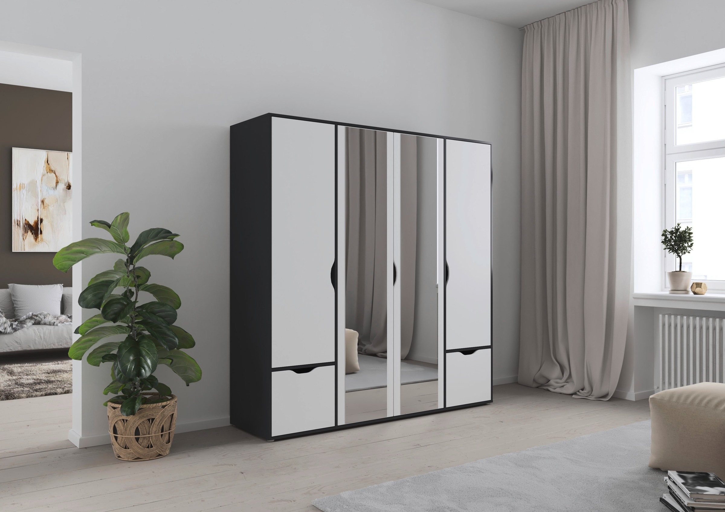 rauch Drehtürenschrank »Kleiderschrank Schrank Garderobe Wäscheschrank NARAI mit Schubladen«, (in 3 verschiedenen Ausstattungen BASIC/CLASSIC/PREMIUM), Griffausfräsungen für eine grifflose Optik TOPSELLER MADE IN GERMANY