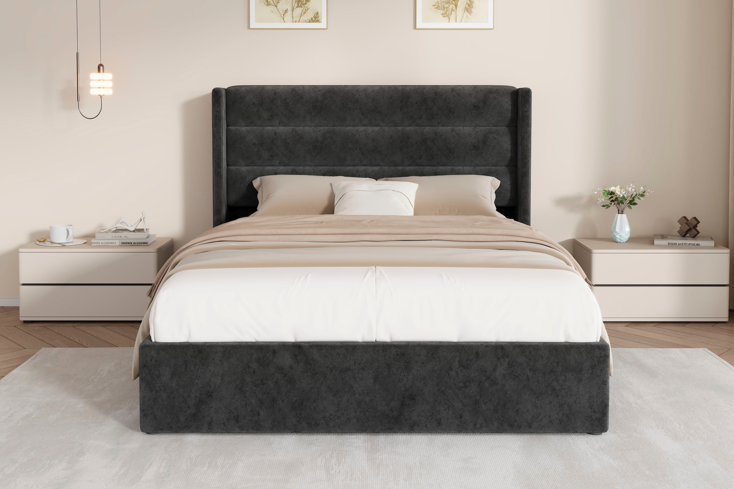 OTTO home Polsterbett »ROMMINA, Polsterbett mit Bettkasten in den Breiten 140cm & 180cm« Samtweicher Chenille-Bezug