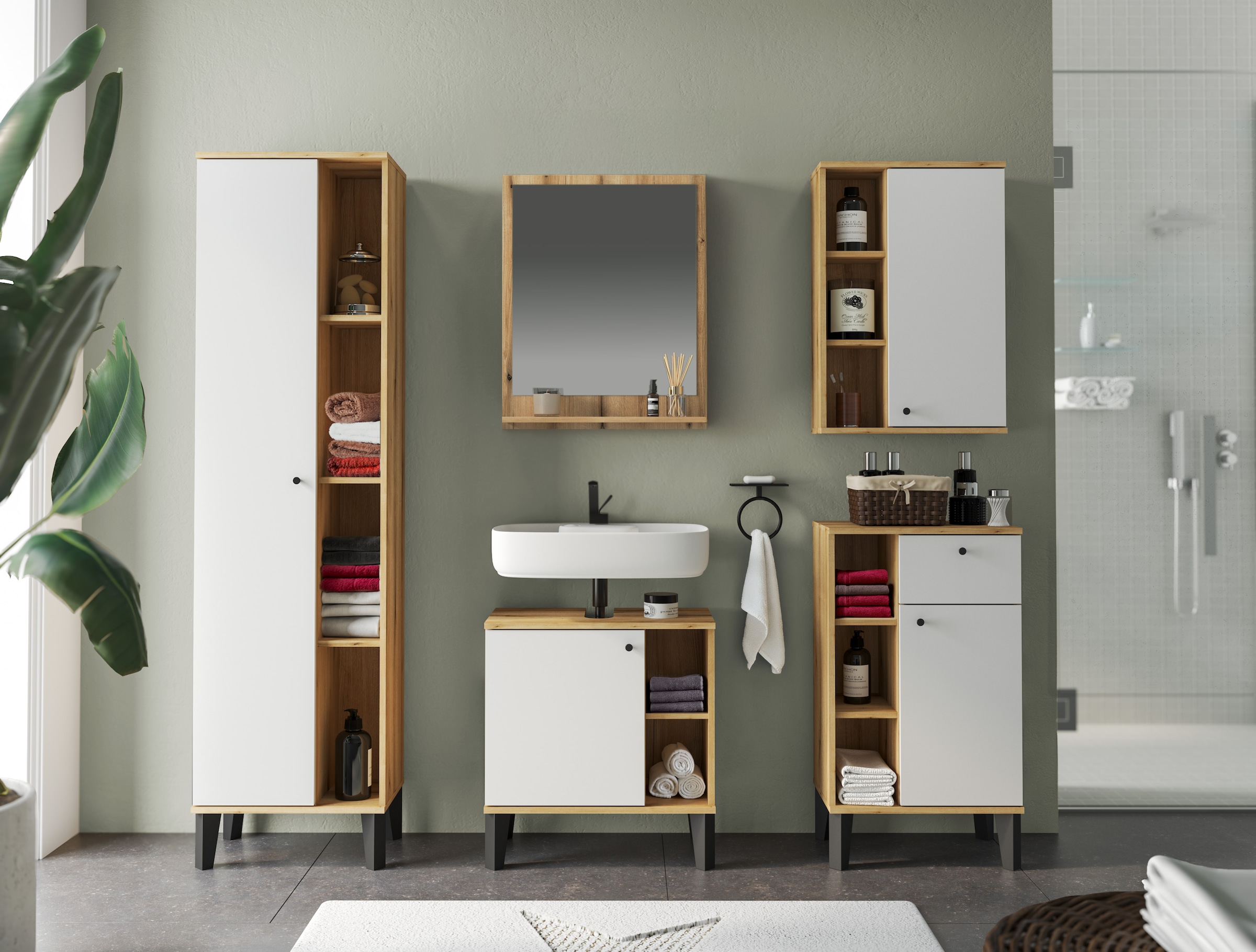 INOSIGN Badmöbel-Set »OSLO, Bad im skandinavischen Design, 5-teiliges Badezimmer«, (Set, 5 St.), Badschränke und Spiegel, in zwei Farben verfügbar, viel Stauraum