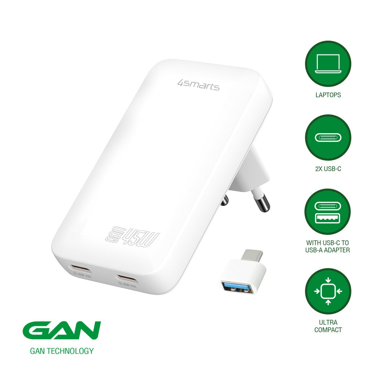 4smarts USB-Ladegerät »FlatPlug Slim Dual 45W GaN 2x USB-C«, extrem flaches Design