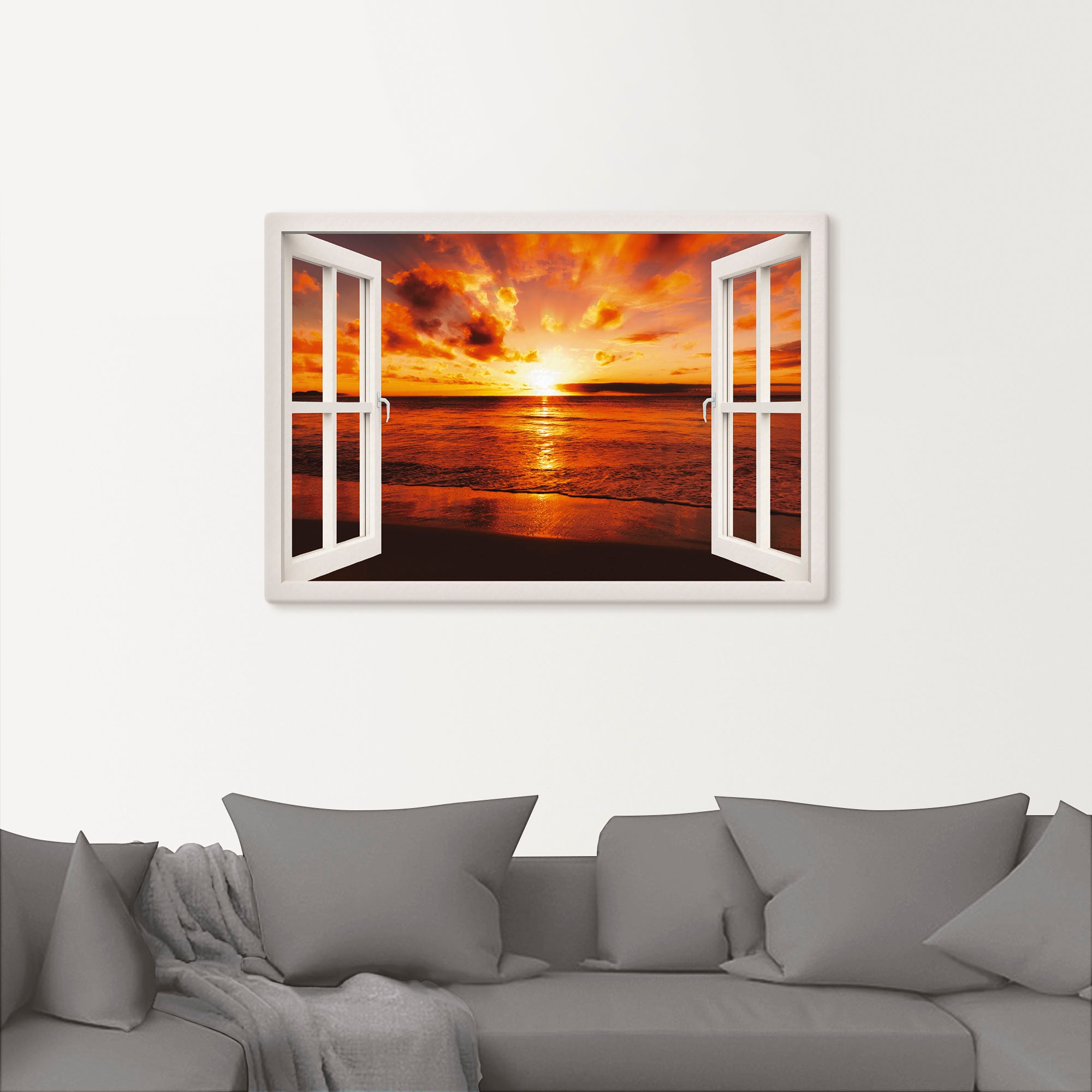 Artland Wandbild »Fensterblick Sonnenuntergang am Strand«, Fensterblick, (1 St.), als Leinwandbild, Poster in verschied. Größen