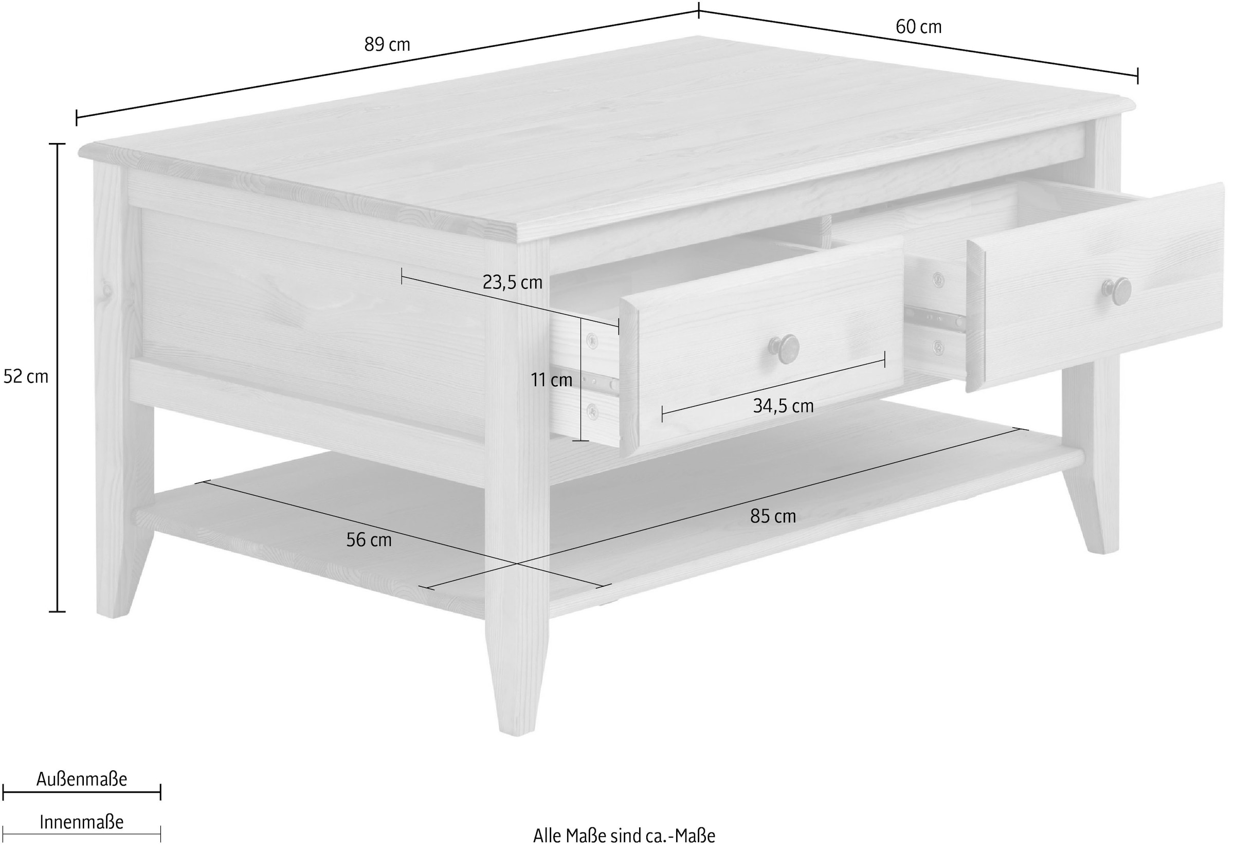 Home affaire Couchtisch »Leonis«, Breite 89 cm, mit Schubladen und Ablageboden, aus massiver Kiefer