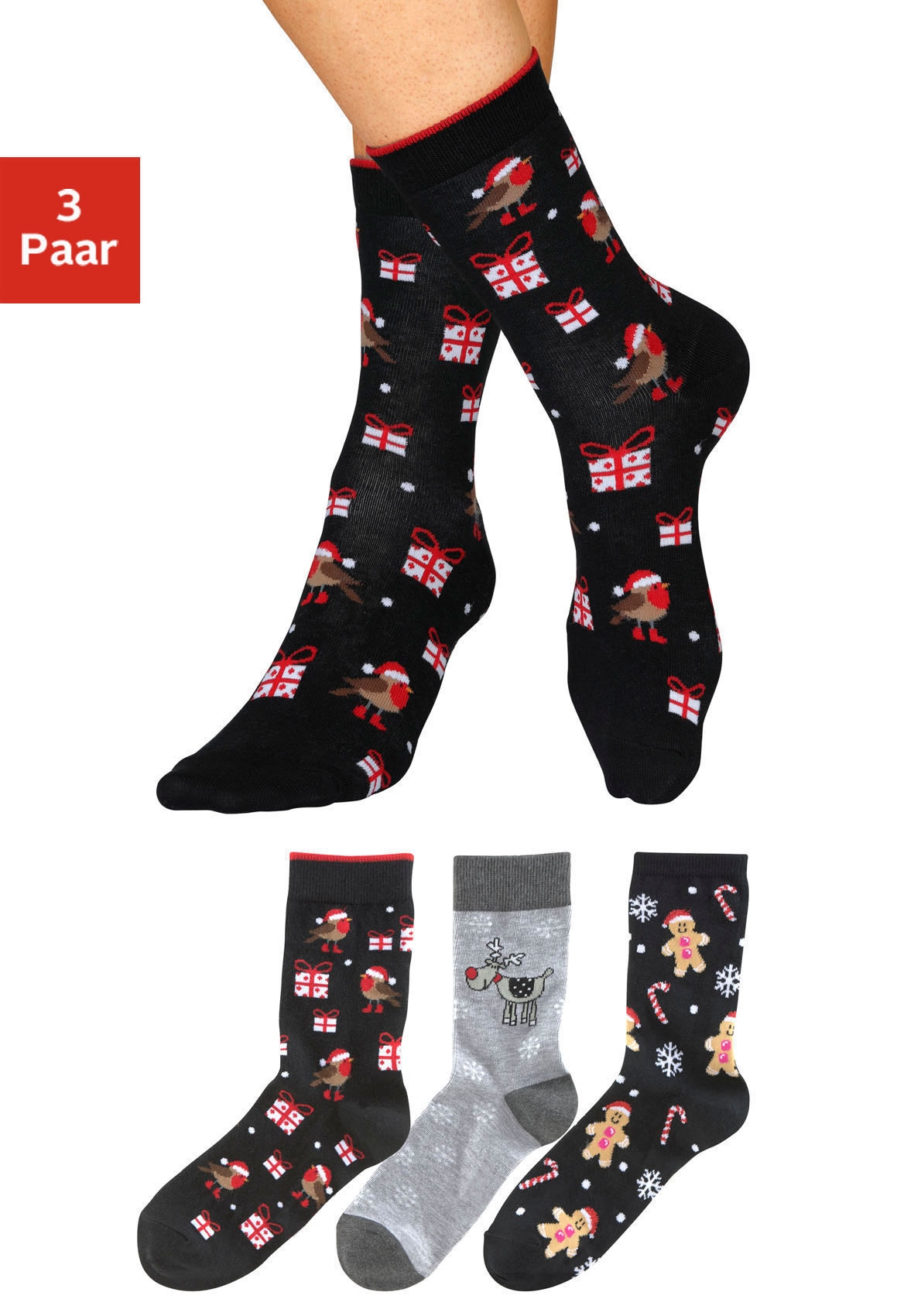 H.I.S Socken Packung, 3 Paar tlg. mit lustigen Weihnachtsmotiven günstig online kaufen