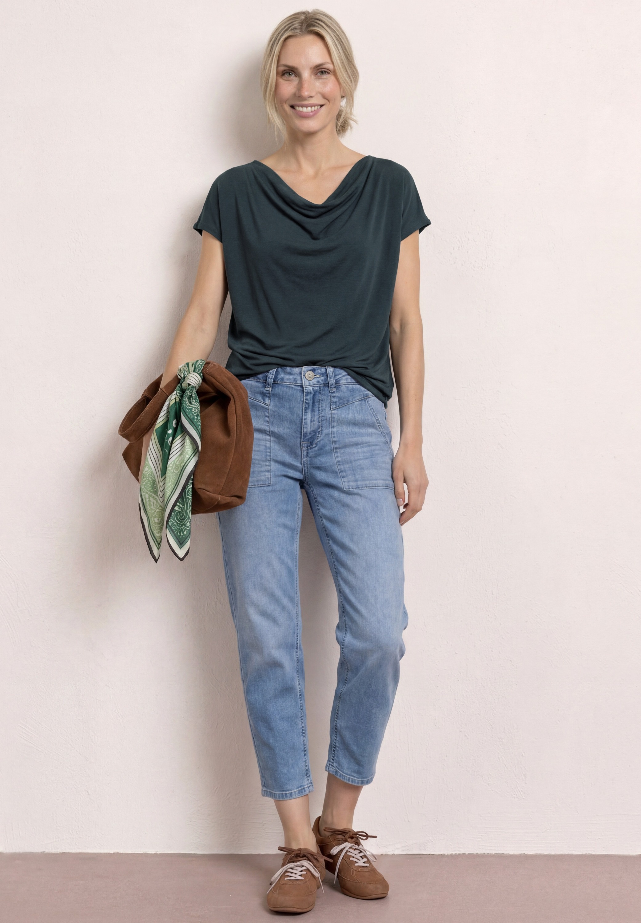 STREET ONE Kurzarmshirt Sommershirt mit Wasserfall-Front und im Silk-Look