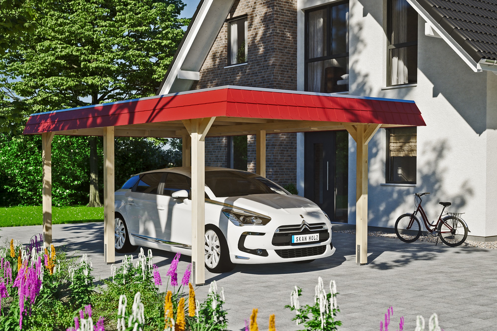 Skanholz Einzelcarport »Wendland«, Leimholz-Fichte, 291 cm, Natur, mit Aluminiumdach, rote Blende