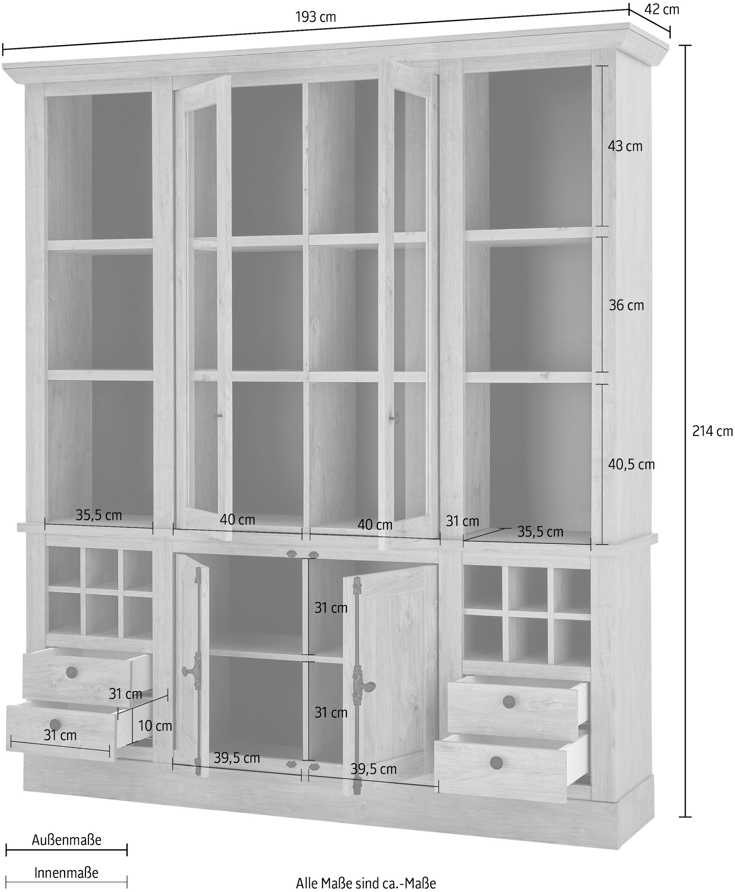 Home affaire Buffet »Cornwall, Küchenschrank im Landhausstil, Anrichte, Eiche Dekor«, (1 St.), Metallgriffe, 193 cm breit, viel Stauraum, inkl. Flascheneinteilung