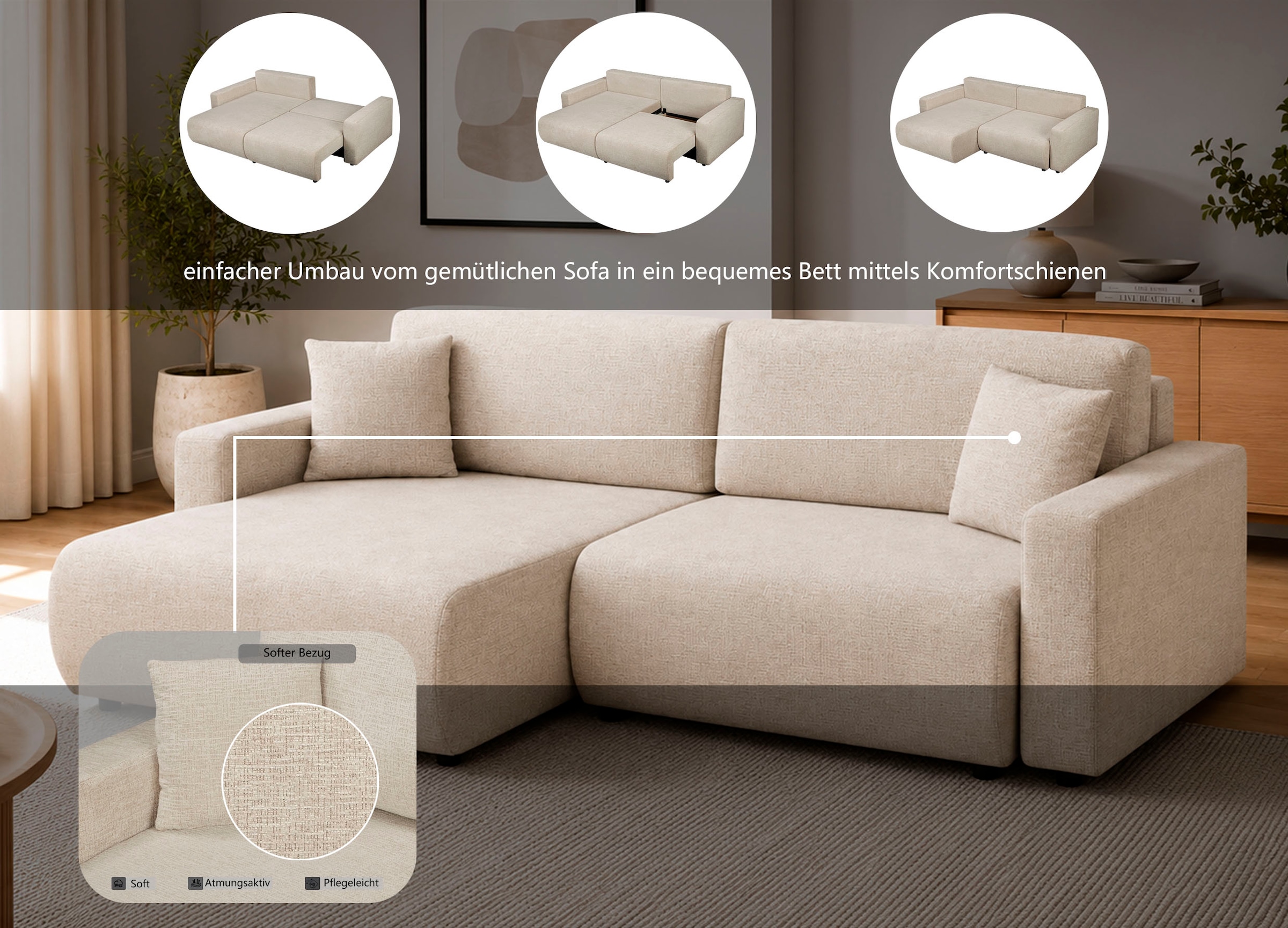 OTTO home Ecksofa »TILLIE L-Form, 229 cm - OTTO. Verlässliche Qualität.« Schlaffunktion (132/194), Bettkasten, Struktur-Bezug