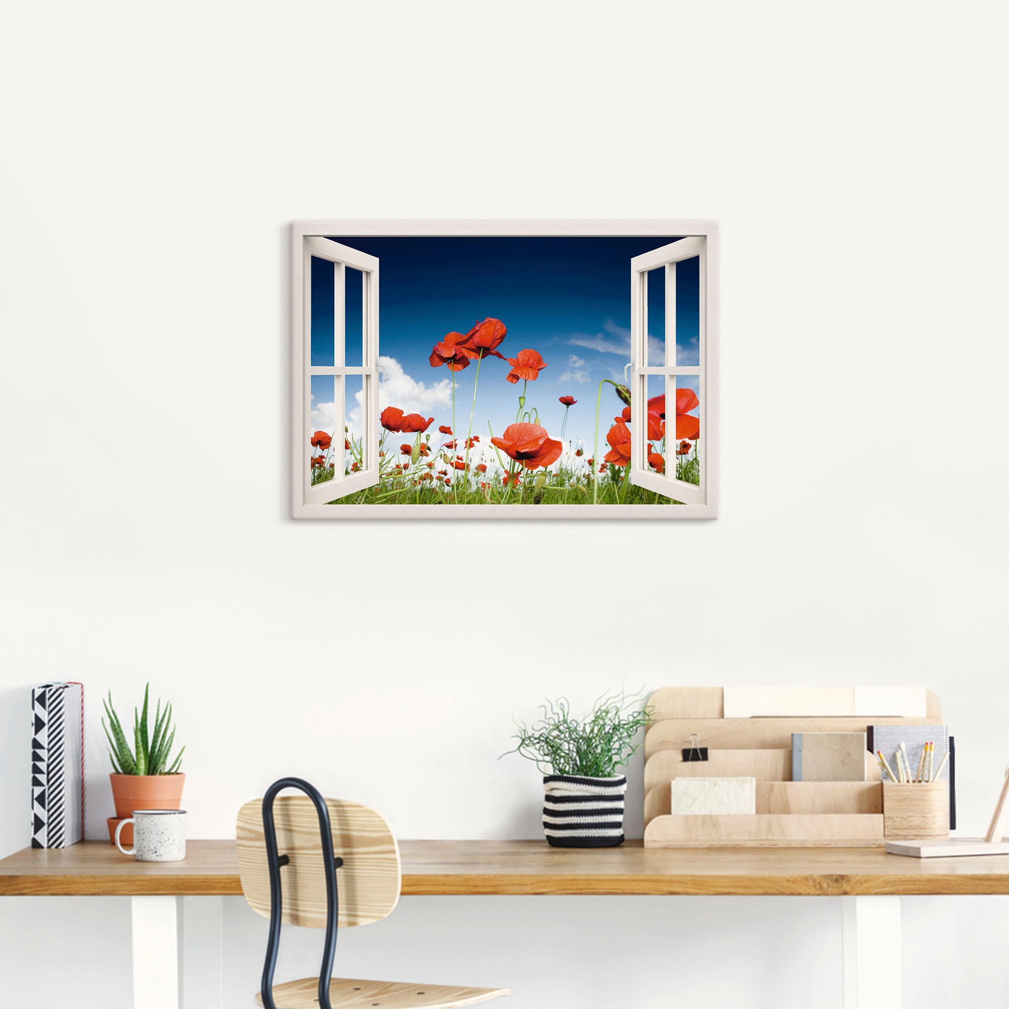 Artland Wandbild »Fensterblick Feld mit Mohnblumen«, Fensterblick, (1 St.), als Leinwandbild, Poster, Wandaufkleber in verschied. Größen