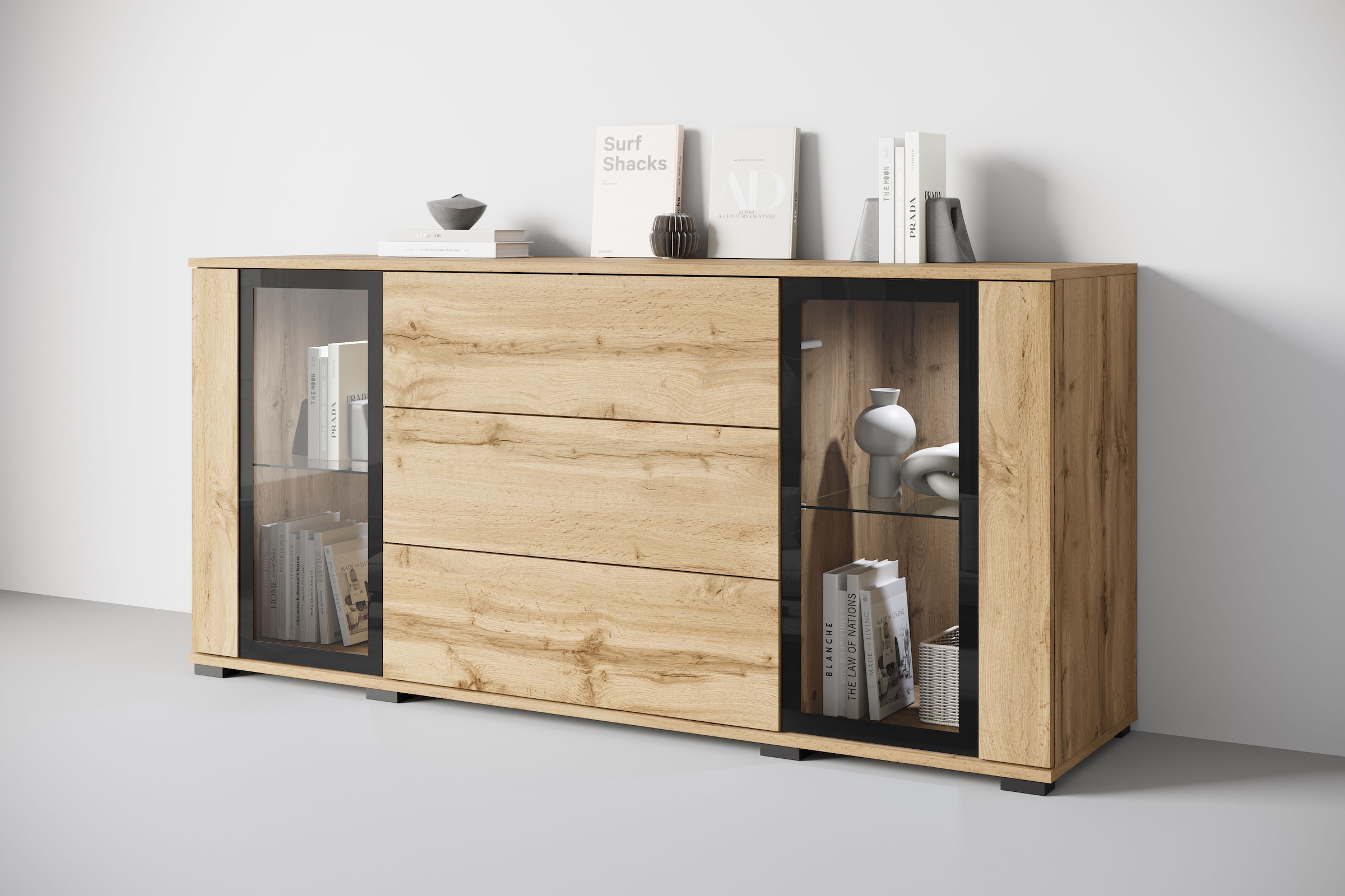 Home affaire Sideboard "modernes Design mit Glaseinsätzen und 3 Schubladen, günstig online kaufen