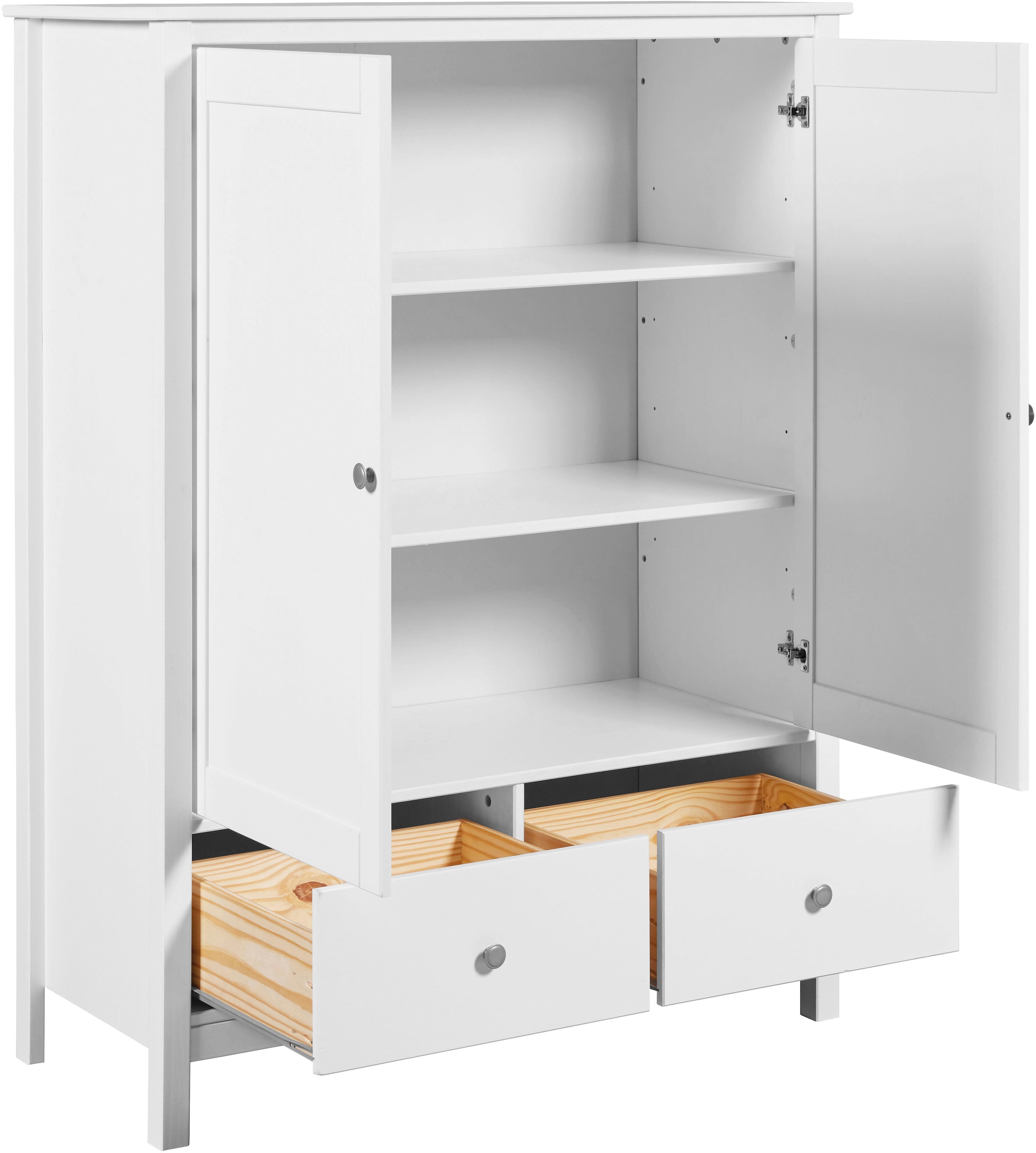 Inter Link Wäscheschrank »Pinora, 2 Türen, Kiefer Massivholz Weiss, Silberne Metallgriffe« 1 Stk. tlg. Inkl. Einlegeböden & 2 Schubladen, Skandi Look, 107 x 45 x 140 cm