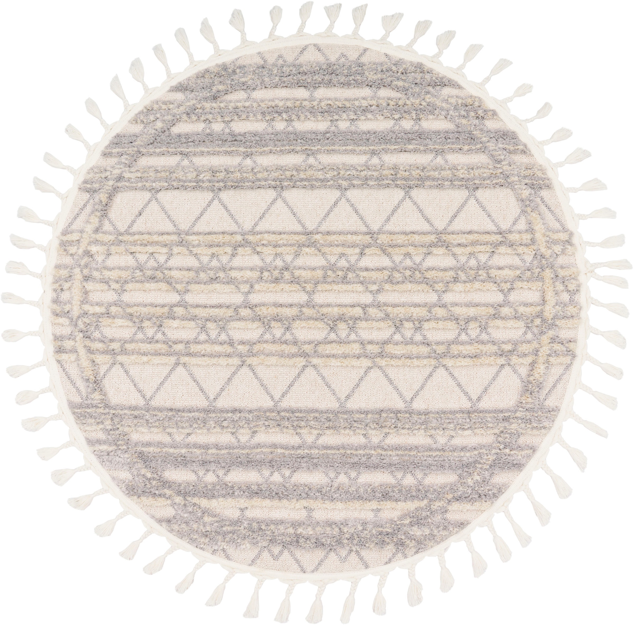 Paco Home Teppich »Auckland 292«, rund, 21 mm Höhe, Kurzflor, gestreift, Rauten Design, Hoch-Tief-Effekt, mit Fransen