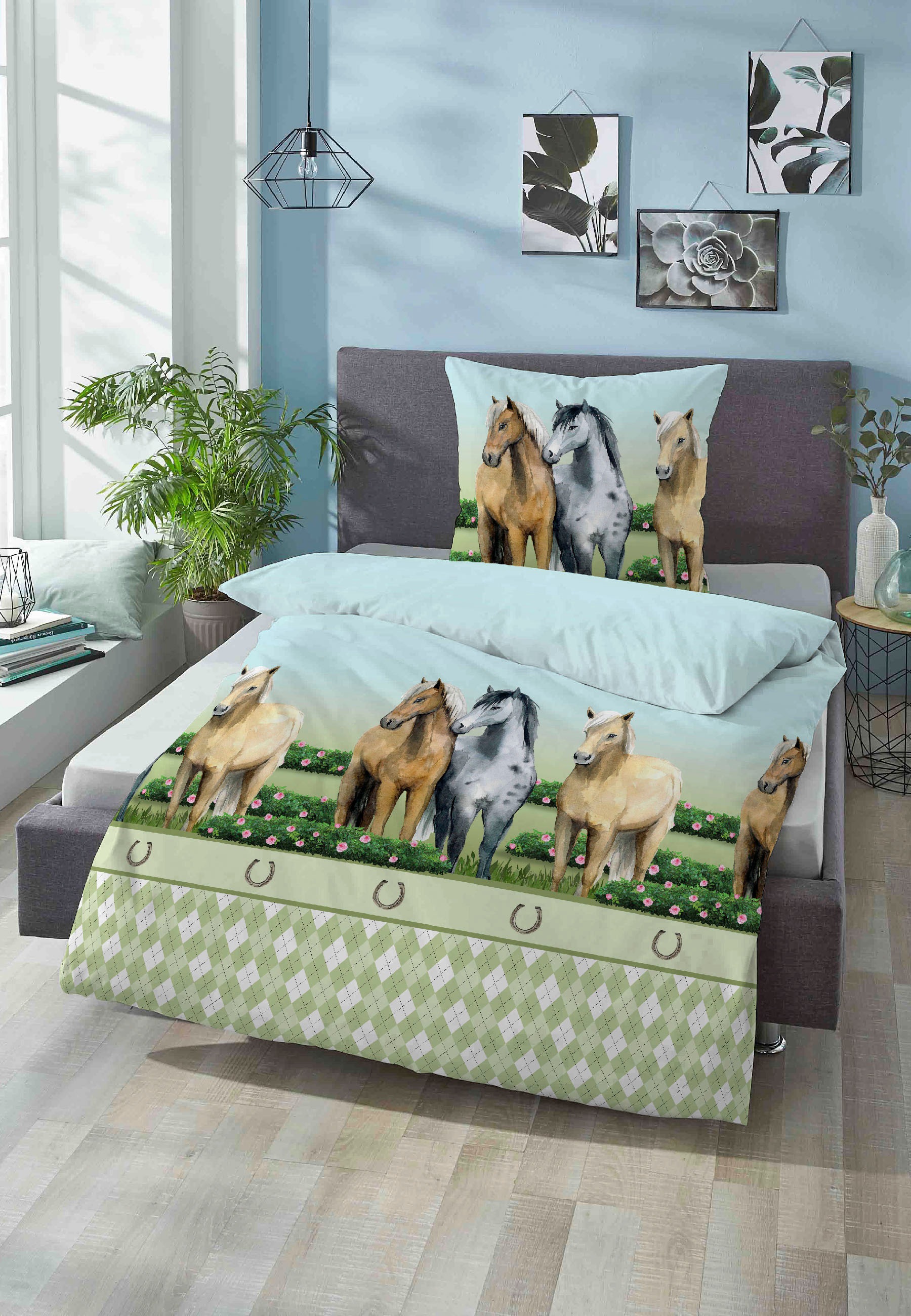 Biberna Kinderbettwäsche »Pferde«, 135/200+80/80 cm, atmungsaktiv, 100% Baumwolle, Reißverschluss