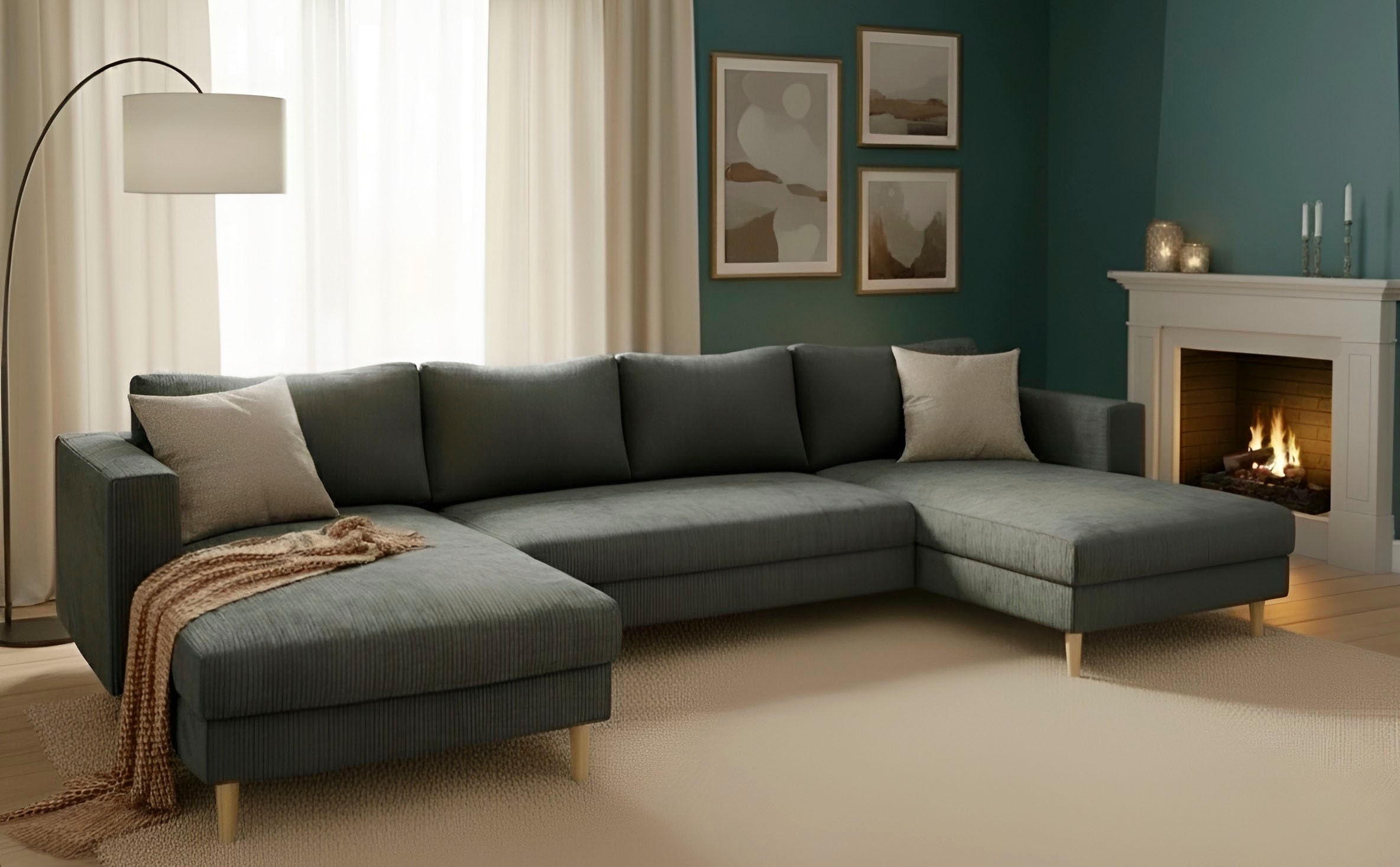 TRENDMANUFAKTUR Wohnlandschaft "Amazing, wahlw. mit Schlaffunktion & Bettkasten, Fuß Buche lackiert" Sofa in U-Form, in Cord oder Struktur, Breite 305 cm