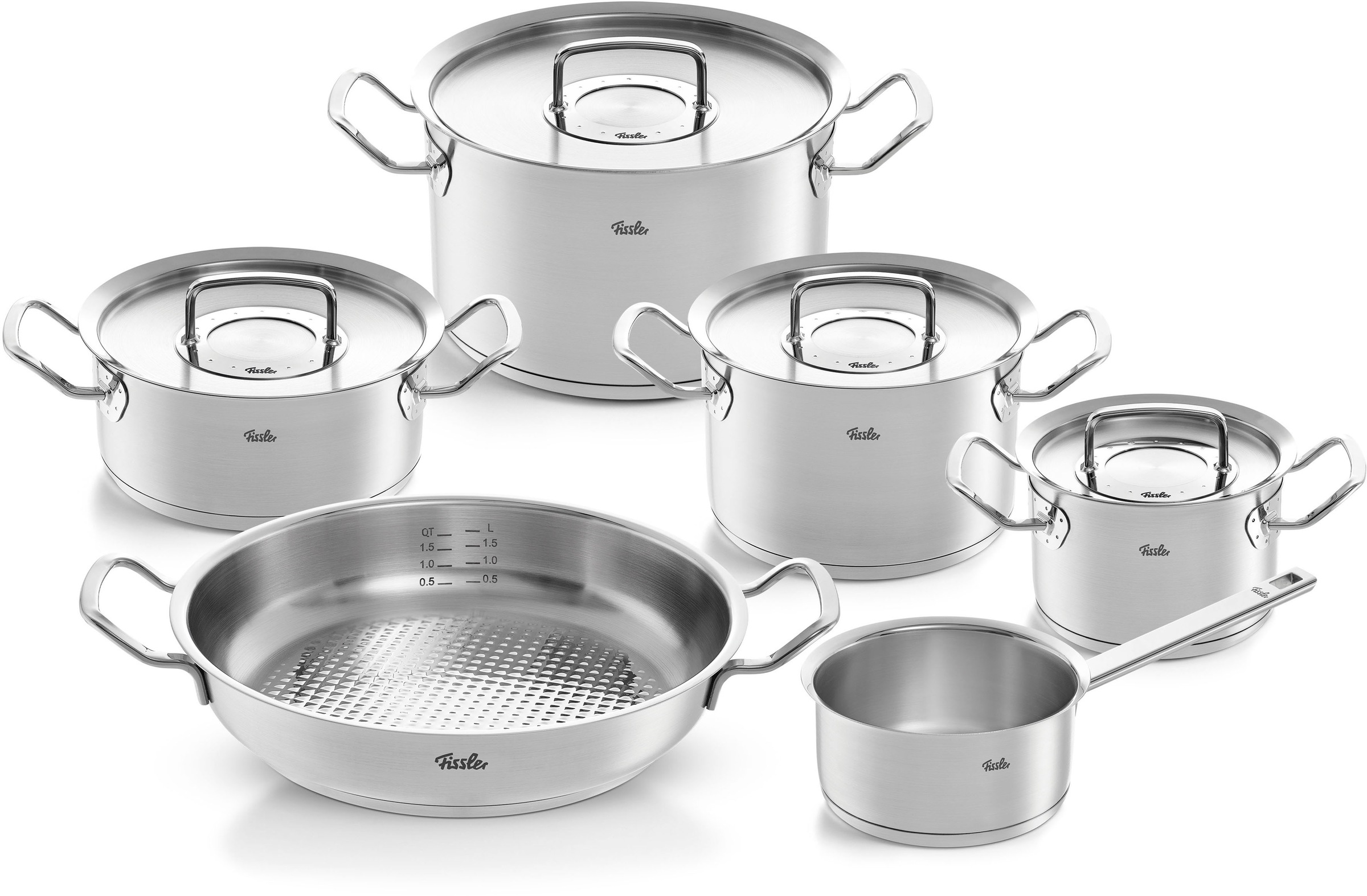 Fissler Topf-Set "Original-Profi Collection" Set, Kochtopf 16/20/24cm, Bratentopf 20cm, Kasserolle 16cm, Pfanne 28cm, 6 Stk. tlg. Edelstahl 18/10