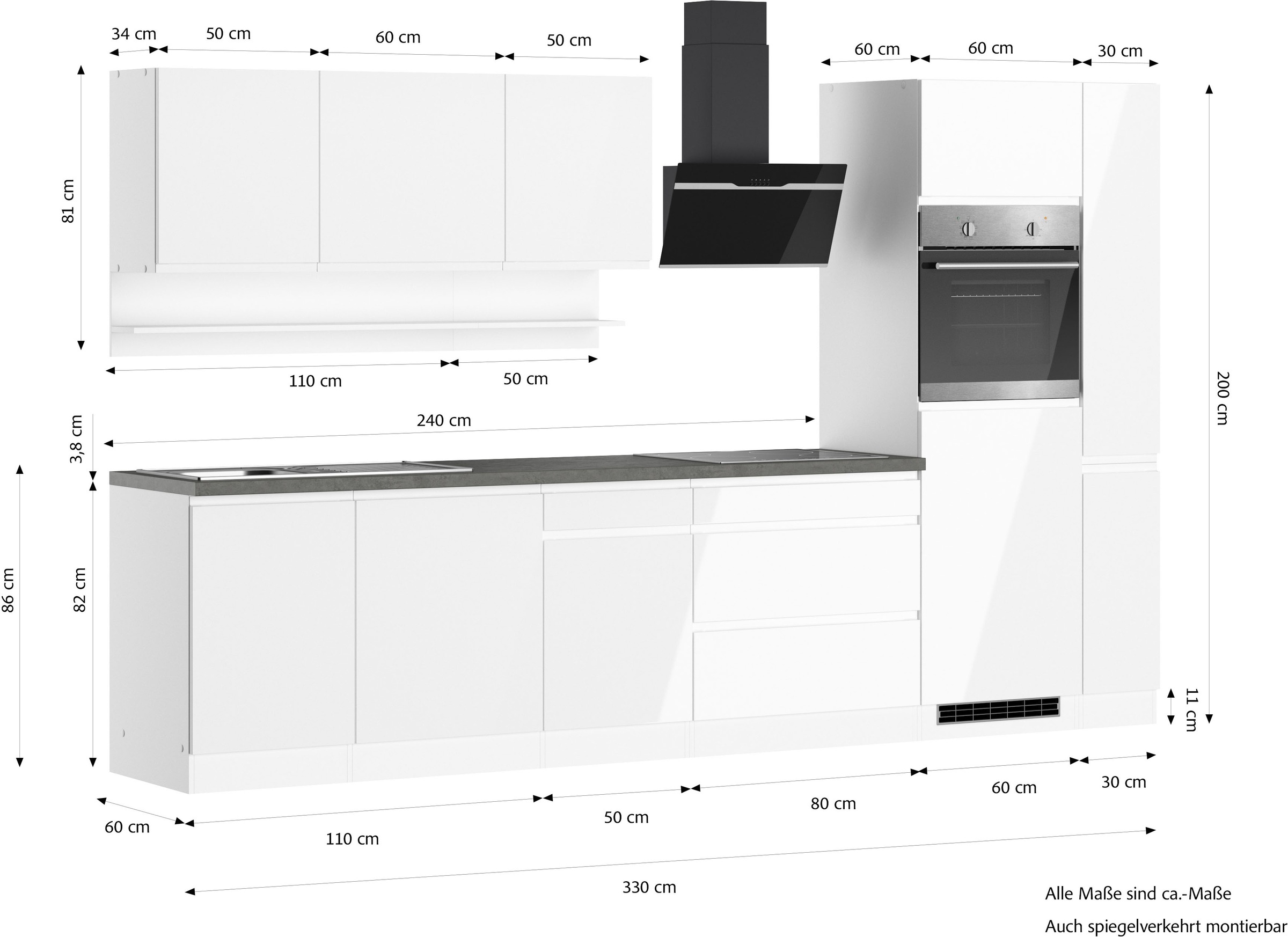KOCHSTATION Küchenzeile »KS-Virginia,neu in verbesserter Ausführung« Arbeitsplatte 38 mm stark, Stauraum, Softclose,  Breite 330 cm, Soft-Close, ohne E-Geräte