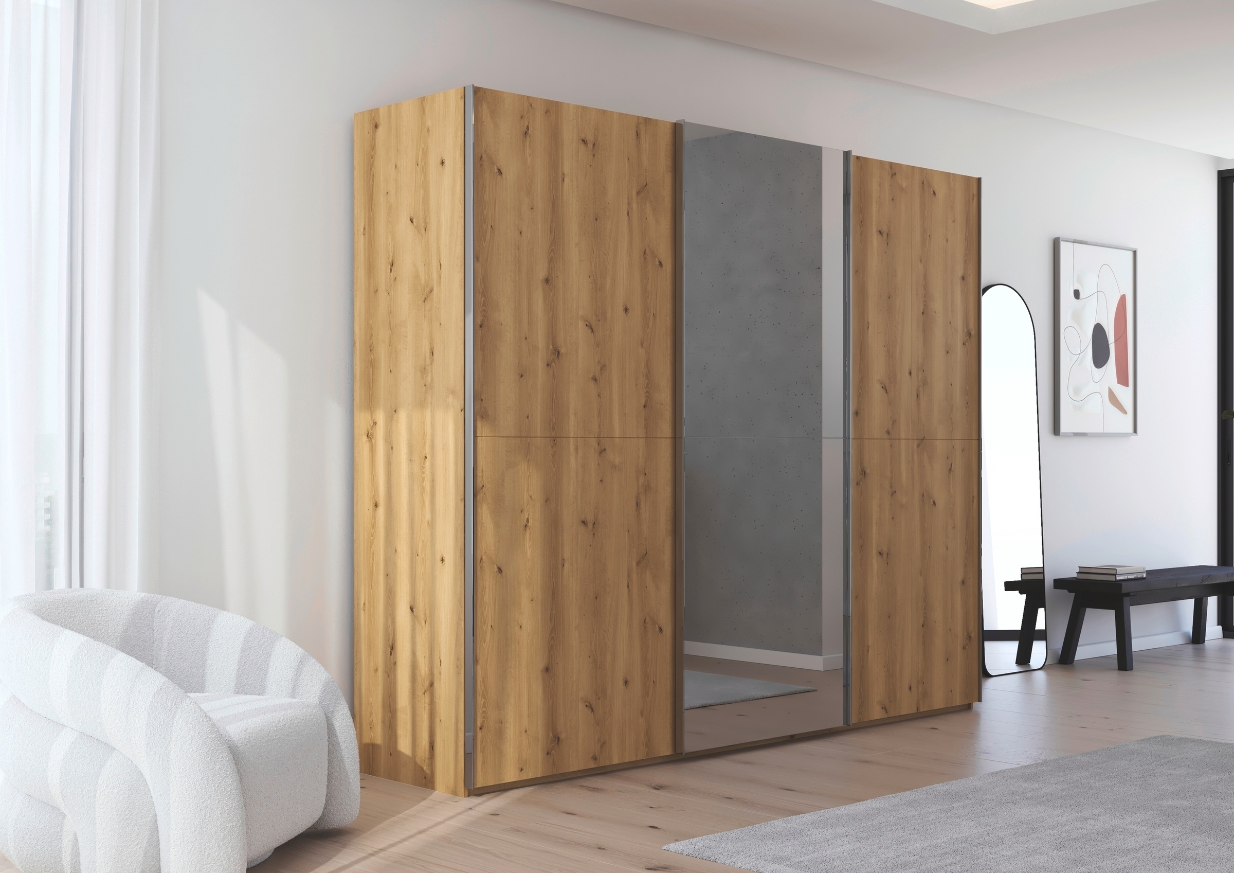 rauch Schwebetürenschrank »Kleiderschrank Schrank Garderobe Schlafzimmerschrank SCALE-WOOD«, edle geteilte Front in massiver Asteiche mit Spiegel MADE IN GERMANY