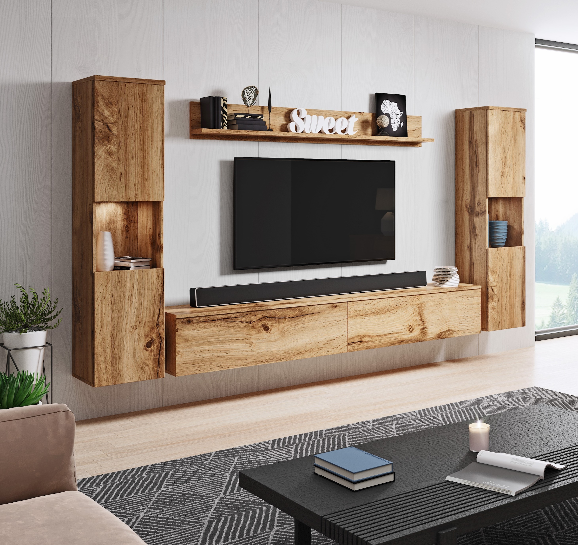 INOSIGN Wohnwand "PARIS", (Komplett-Set, 4 St.), TV-Wand 260cm breite, grifflose Design, stehend und hängend montierbar