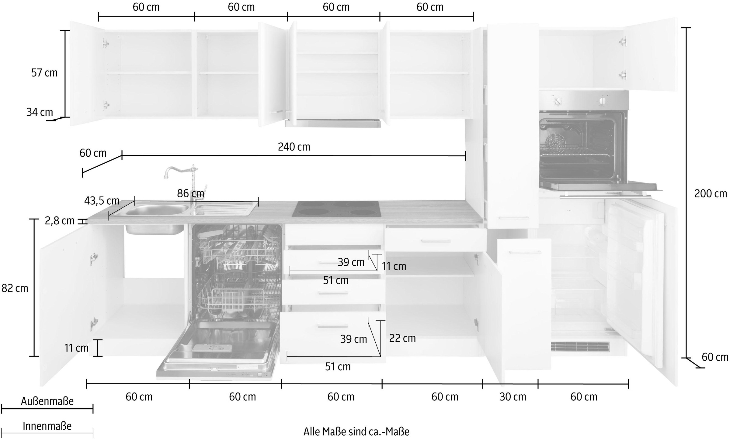 KOCHSTATION Küchenzeile »KS-Visby«, mit E-Geräten, Breite 330 cm inkl. Kühlschrank und Geschirrspüler