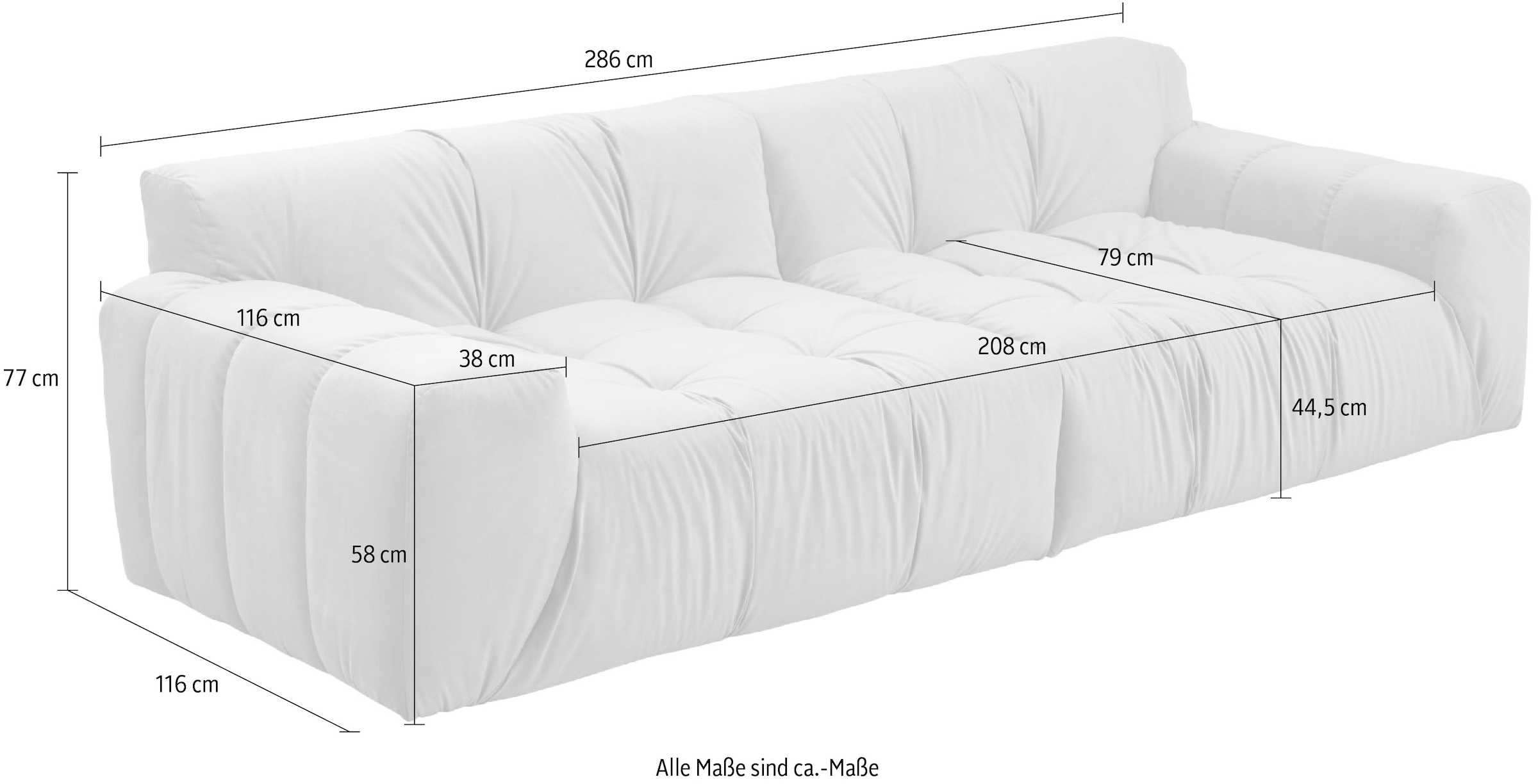 INOSIGN 3-Sitzer »Calmara, Breite 286 cm, weicher Lounge-Sitzkomfort«, bodentief, Samt oder Chenille, mit Knopfsteppung