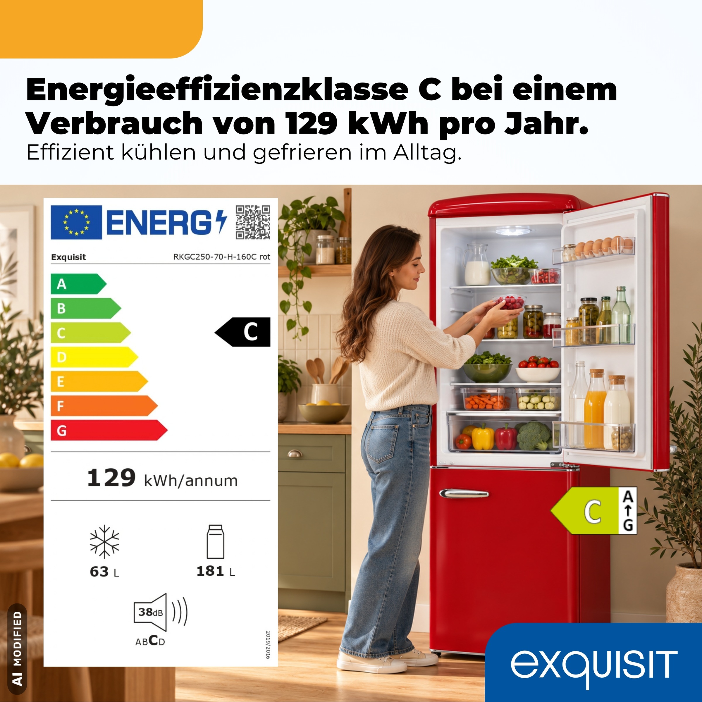 exquisit Kühl-/Gefrierkombination »RKGC250-70-H-160C rot« 183 cm hoch 54,5 cm breit Retro-Design mit 4-Sterne-Gefrierfach & flexiblen Glasablagen