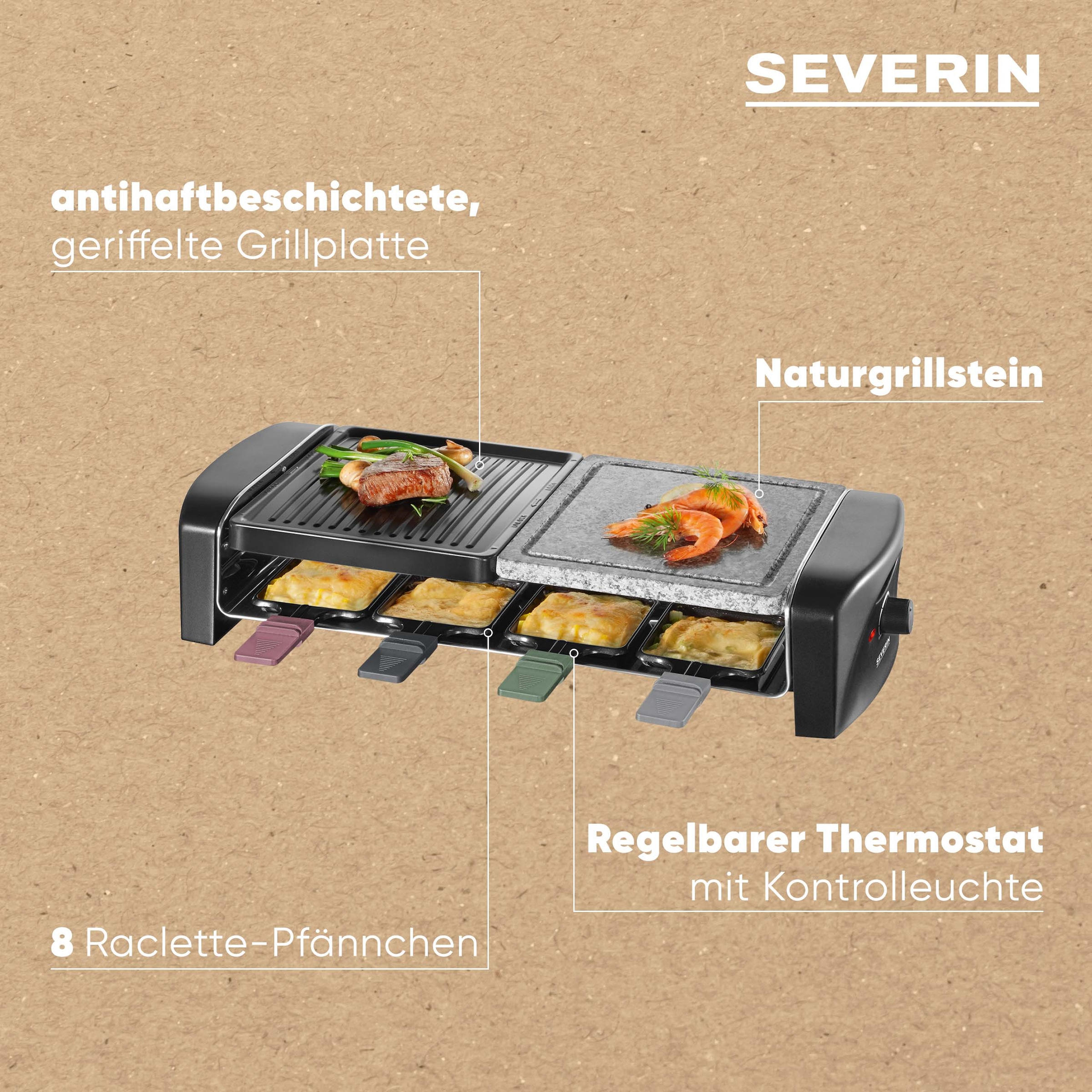 Severin Raclette »RG 9645« 8 Stk. Raclettepfännchen 1.400 W Naturgrillstein & antihaftbeschichtete Grillplatte, 8 Personen, 1400W
