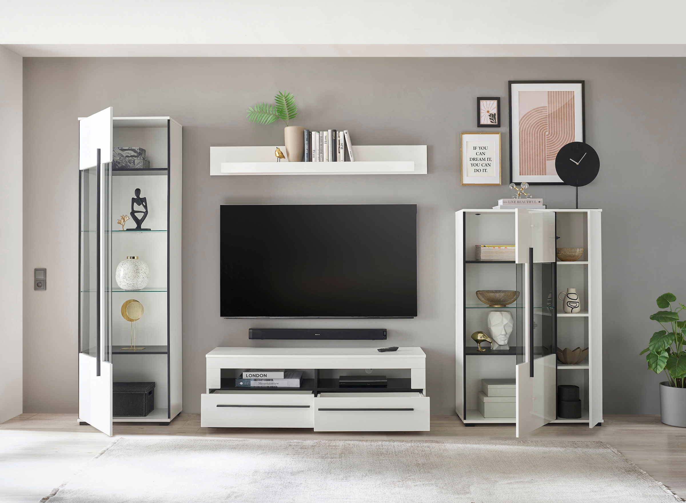 INOSIGN Wohnwand »Cantara, moderne Anbauwand, Wohnzimmer-Set, in Eiche Evoke oder Weiß«, (Set), enthält zwei Vitrinen, ein Lowboard und ein Wandboard