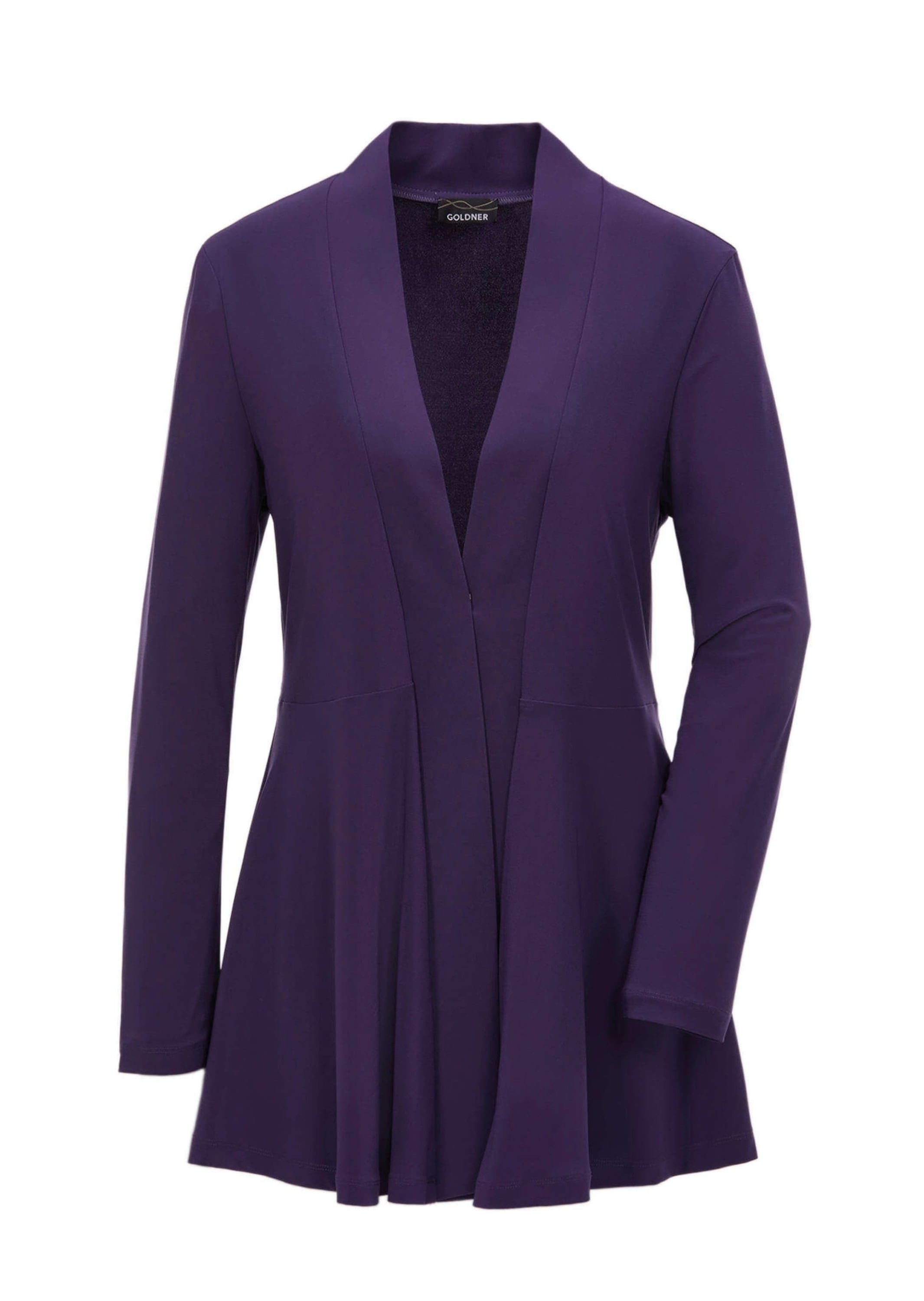 Sweatjacke GOLDNER "Kurzgröße Leichte Shirtjacke lila mit Stretch", Damen, Gr. 21, lila (amethyst), Obermaterial: 95% Polyester PES. 5% Elasthan EL., festlich, normal, Tubular, Sweatjacken Sweatjacke, Mit Teilungsnaht hinten für eine elegante Weite