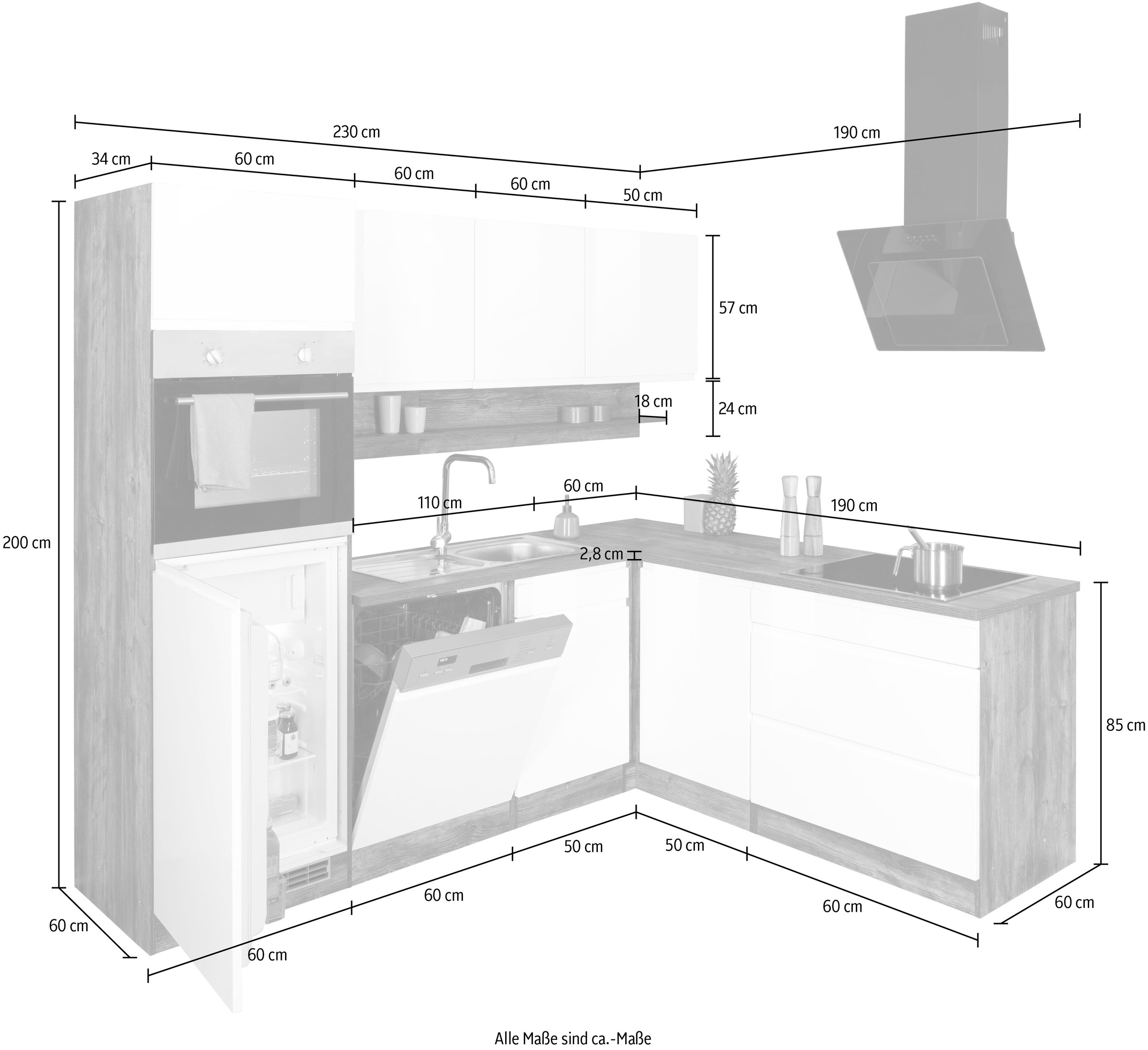 KOCHSTATION Winkelküche »KS-Virginia«, Stellbreite 230/190 cm, wahlweise mit Induktion
