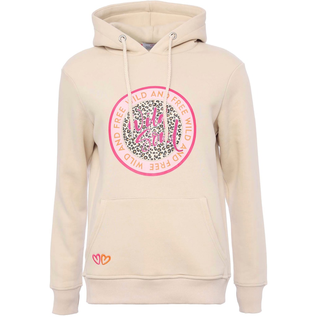 Zwillingsherz Hoodie, Animal-Print mit Glitzersteinen vorn