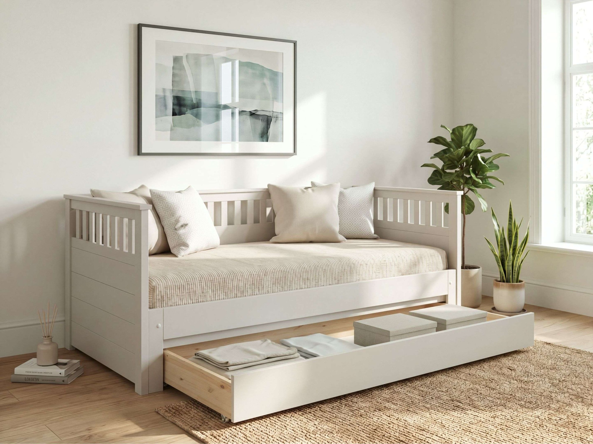 OTTO home Daybett »Morrick, ausziehbar, 2 Schlafplätze + Schublade, Cashmere Beige« massive Kiefer, schöne Sprossenoptik, Stauraum, Skandi Look