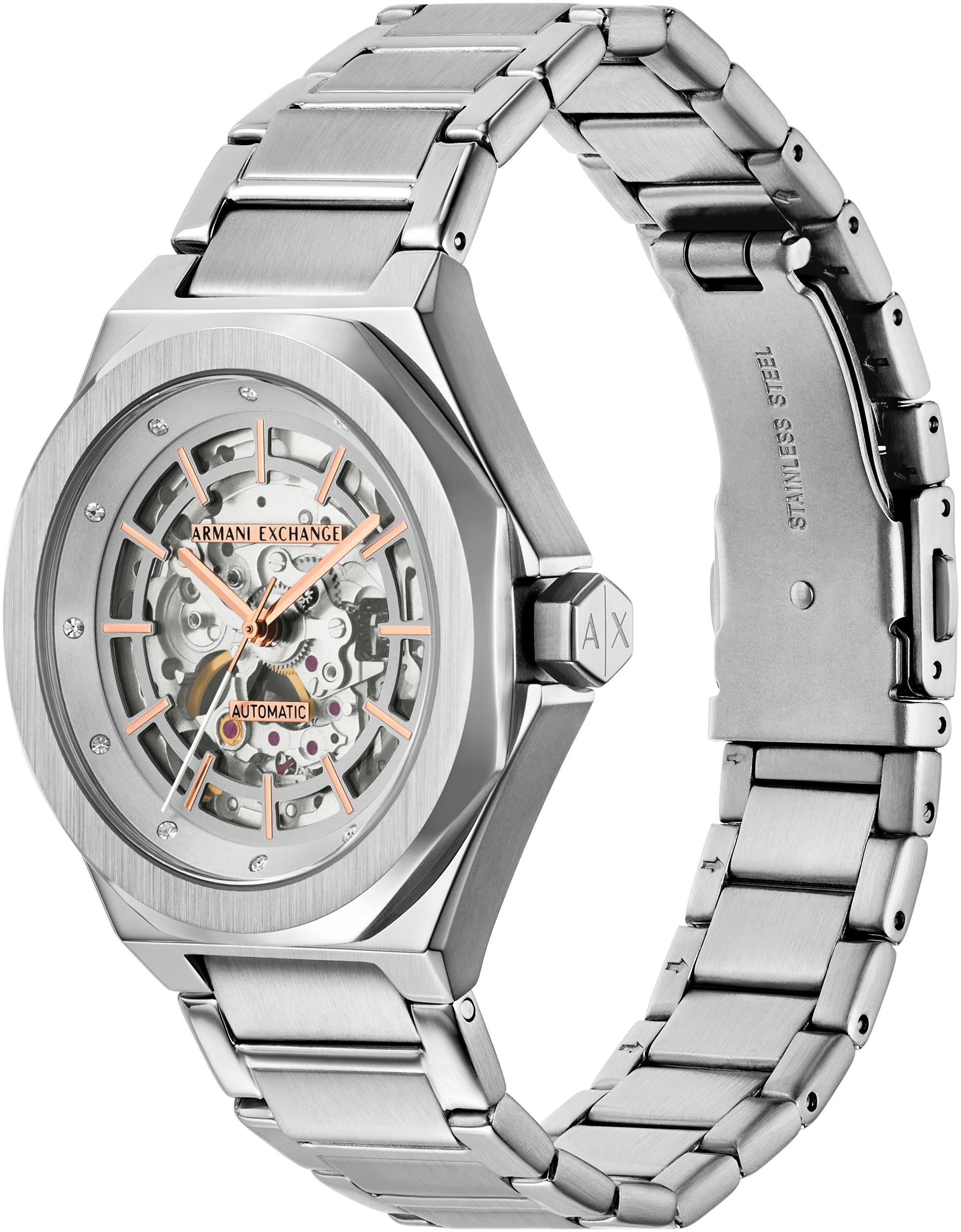 ARMANI EXCHANGE Automatikuhr, Armbanduhr, Damenuhr, Mechanische Uhr, Edelstahlarmband, analog