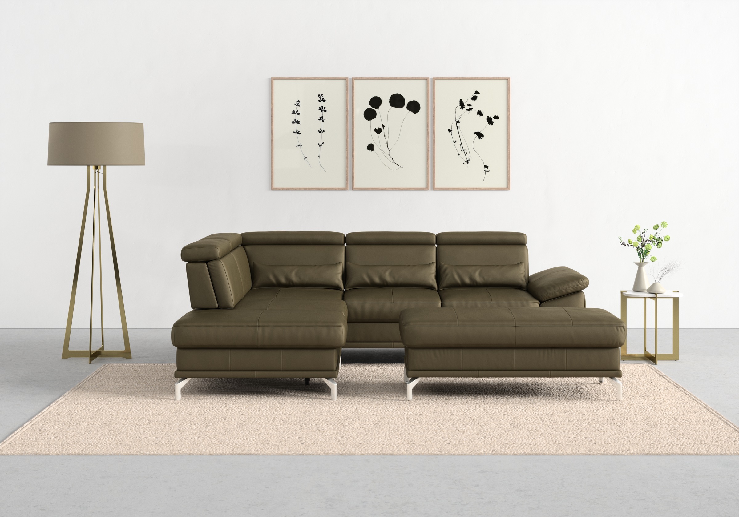 sit&more Ecksofa »Cabrio L-Form, mit Sitztiefenverstellung, Arm- und Kopfteilverstellung«, 3 Nierenkissen, Federkern, optional Bettfunktion und Stauraum