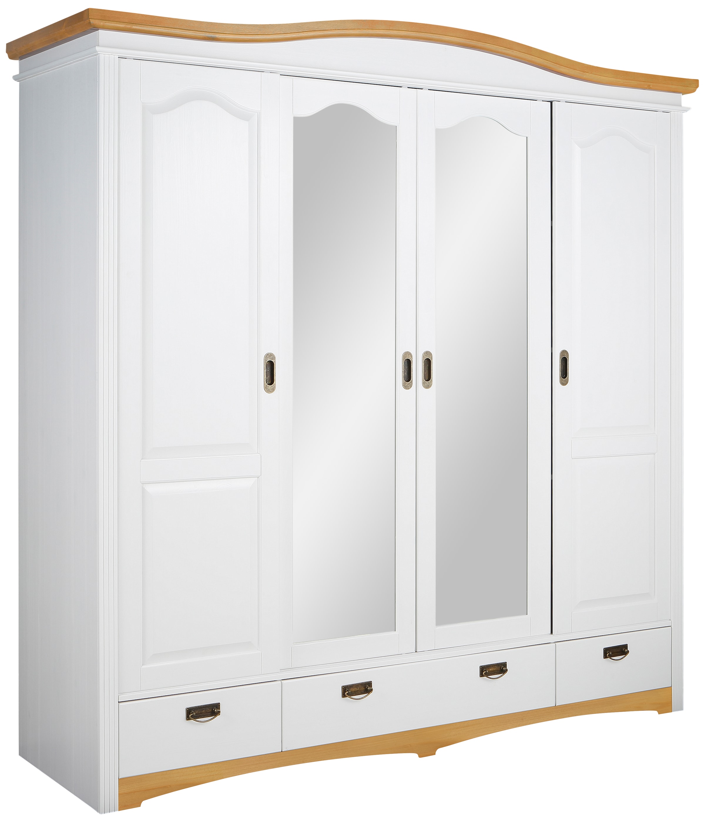 Home affaire Schiebetürenschrank »Konrad, Landhausstil, rustikal, mit Schubladen + Spiegel, Kassetten«, (3 Breiten: 153/202/249 cm H/T ca.207/64 cm), massive Kiefer, FSC®-zertifiziert, Messinggriffe, mehrere Varianten