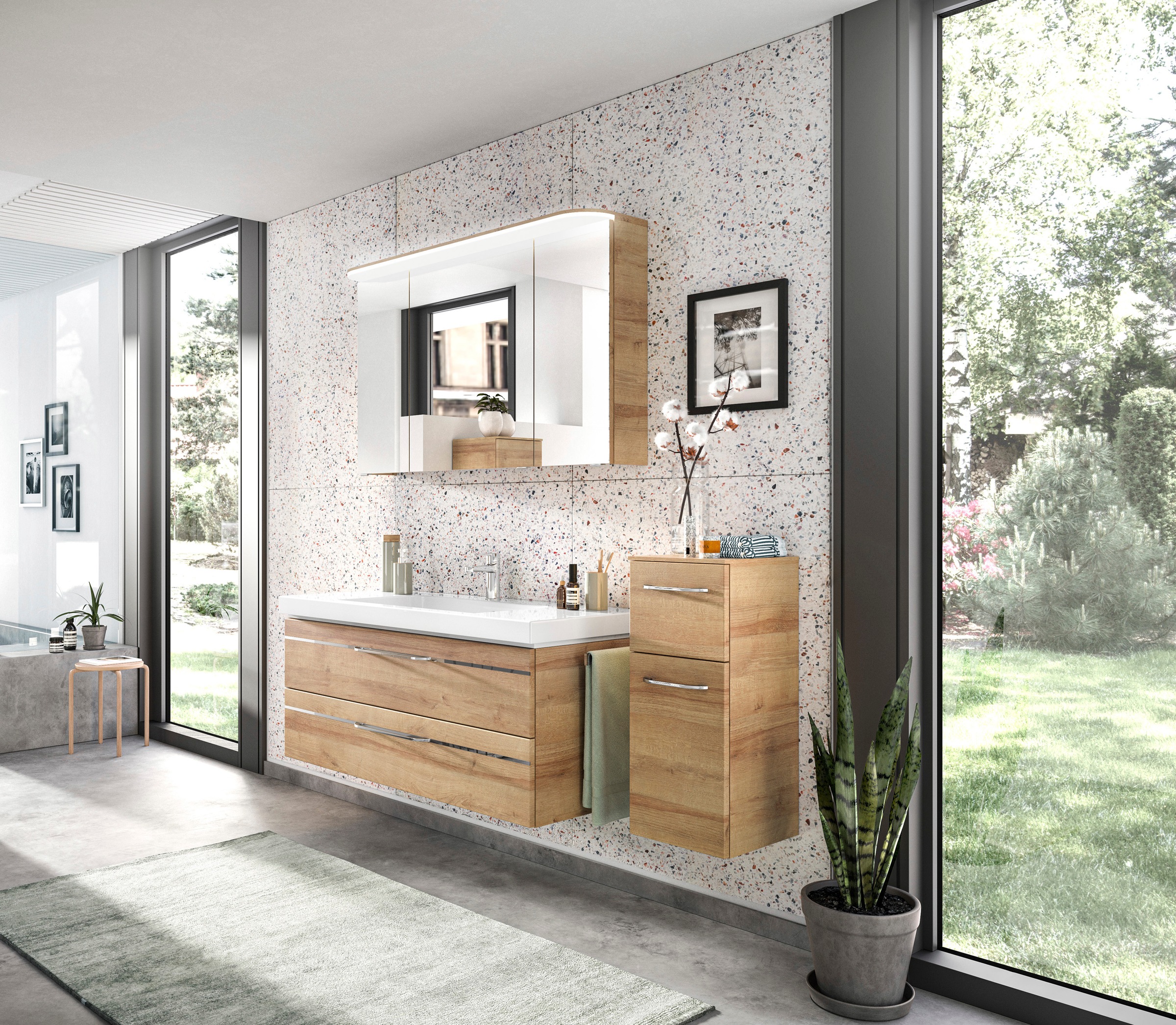 Saphir Badmöbel-Set »Balto Sprint 3-teilig, Mineralmarmor-Waschtisch mit LED-Spiegelschrank«, (4 St.), Badezimmer Set mit Unterschrank inkl Türdämpfer, 3 Türen, 2 Schubladen