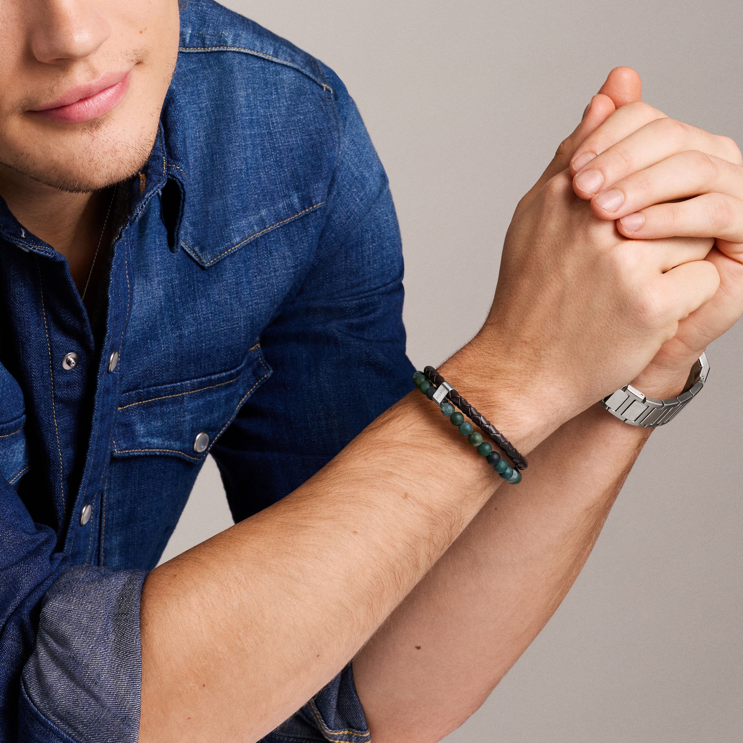 Fossil Armband »Schmuck Geschenk Edelstahl Leder Armschmuck JEWELRY« mit Moosachat