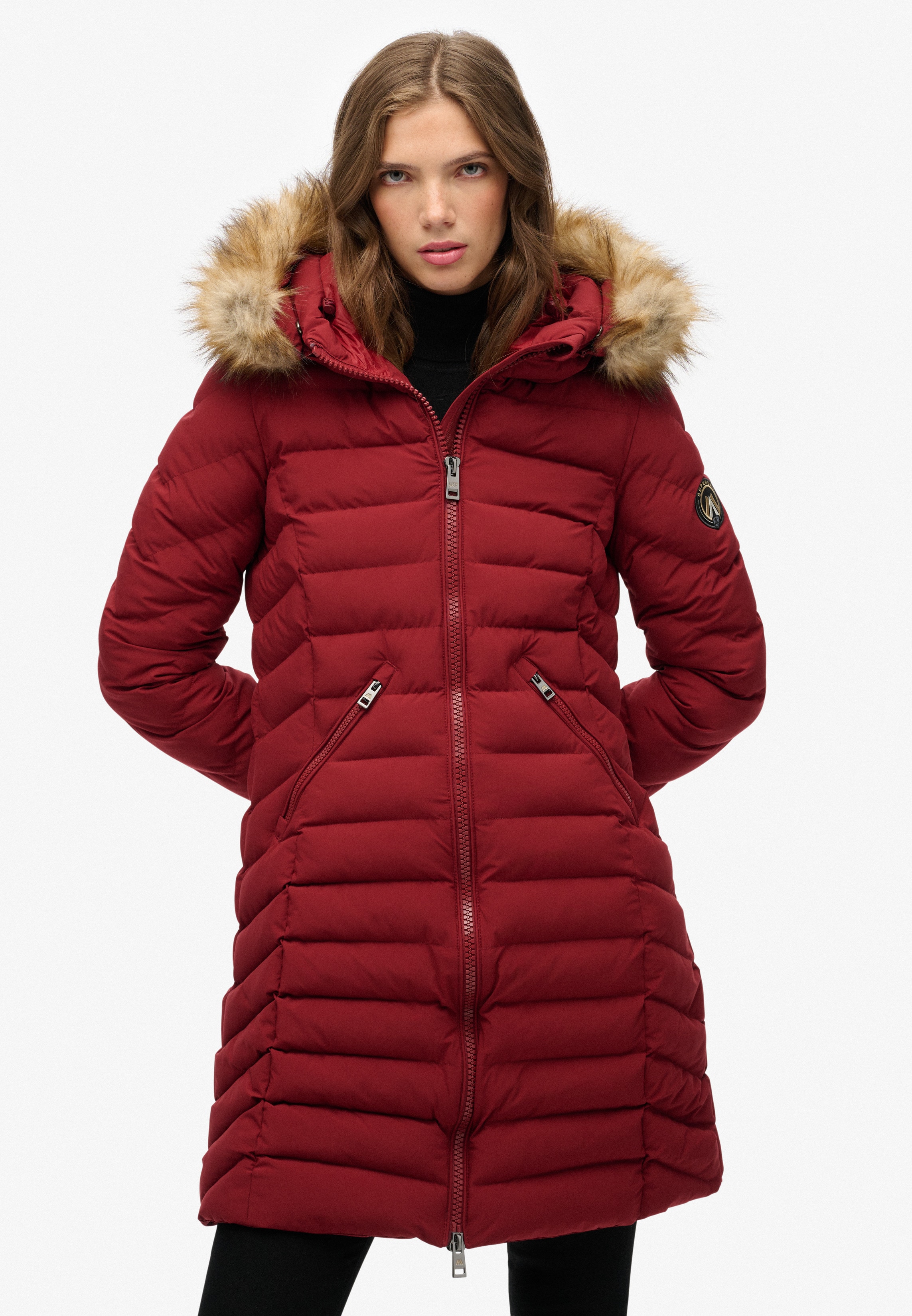 Superdry Steppjacke "FUJI FAUX FUR HOOD MID LENGTH" mit Kapuze Slim Fit, mit Reißverschluss, aus Polyester und Kunstfaser