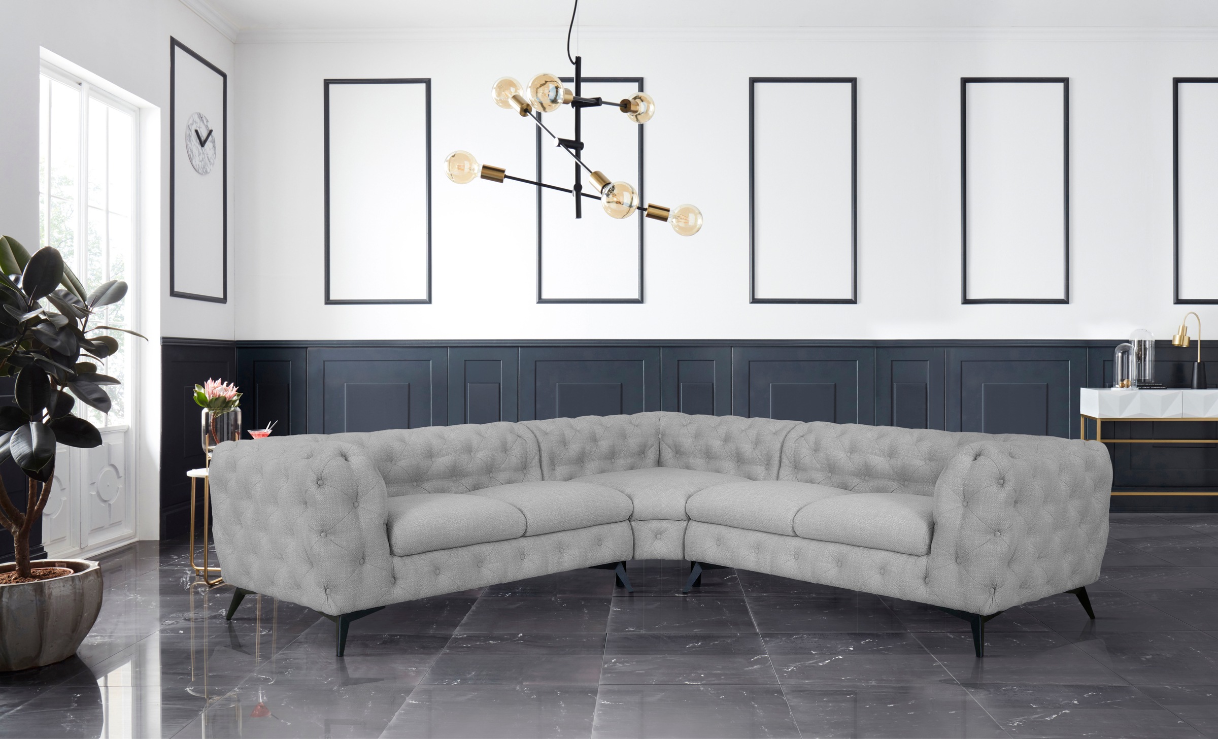 Leonique Chesterfield-Sofa »Ecksofa GLYNIS L-Form mit Wellenunterfederung, Maße B/T/H 264/264/75cm«, aufwändige Knopfheftung, moderne Chesterfield Optik, Fußfarbe wählbar