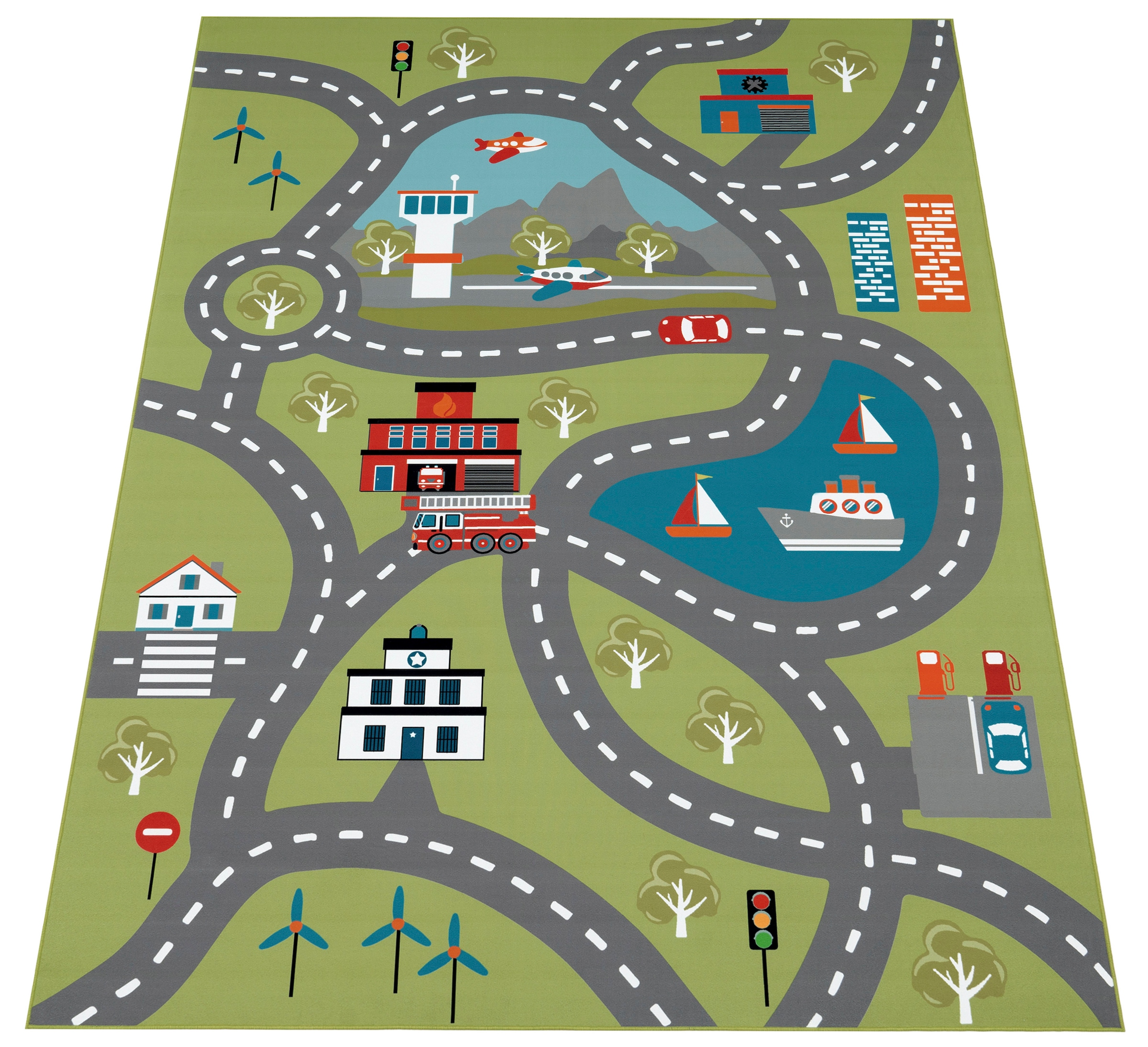 Paco Home Kinderteppich »Bino 562«, rechteckig, 4 mm Höhe, Kurzflor, Straßen-Spiel-Teppich, Motiv Flughafen, Kinderzimmer