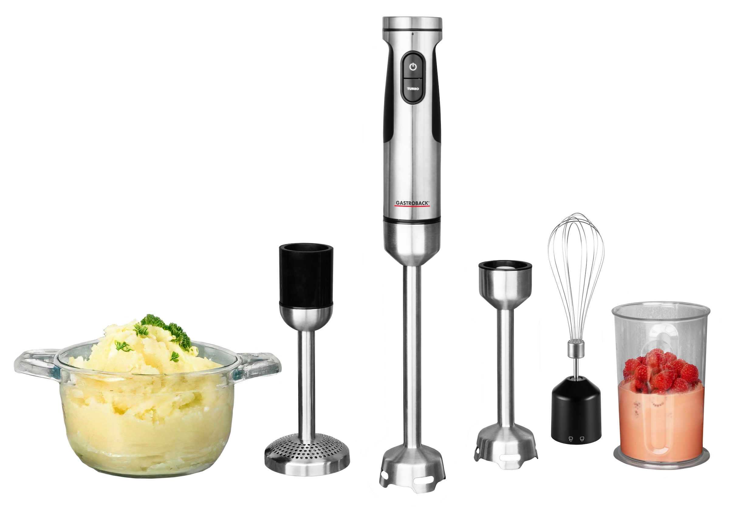 GASTROBACK Stabmixer "Powermix Stabmixer Professional 1.500W", silber, Mixer, inkl. 5-teiligem Zubehör