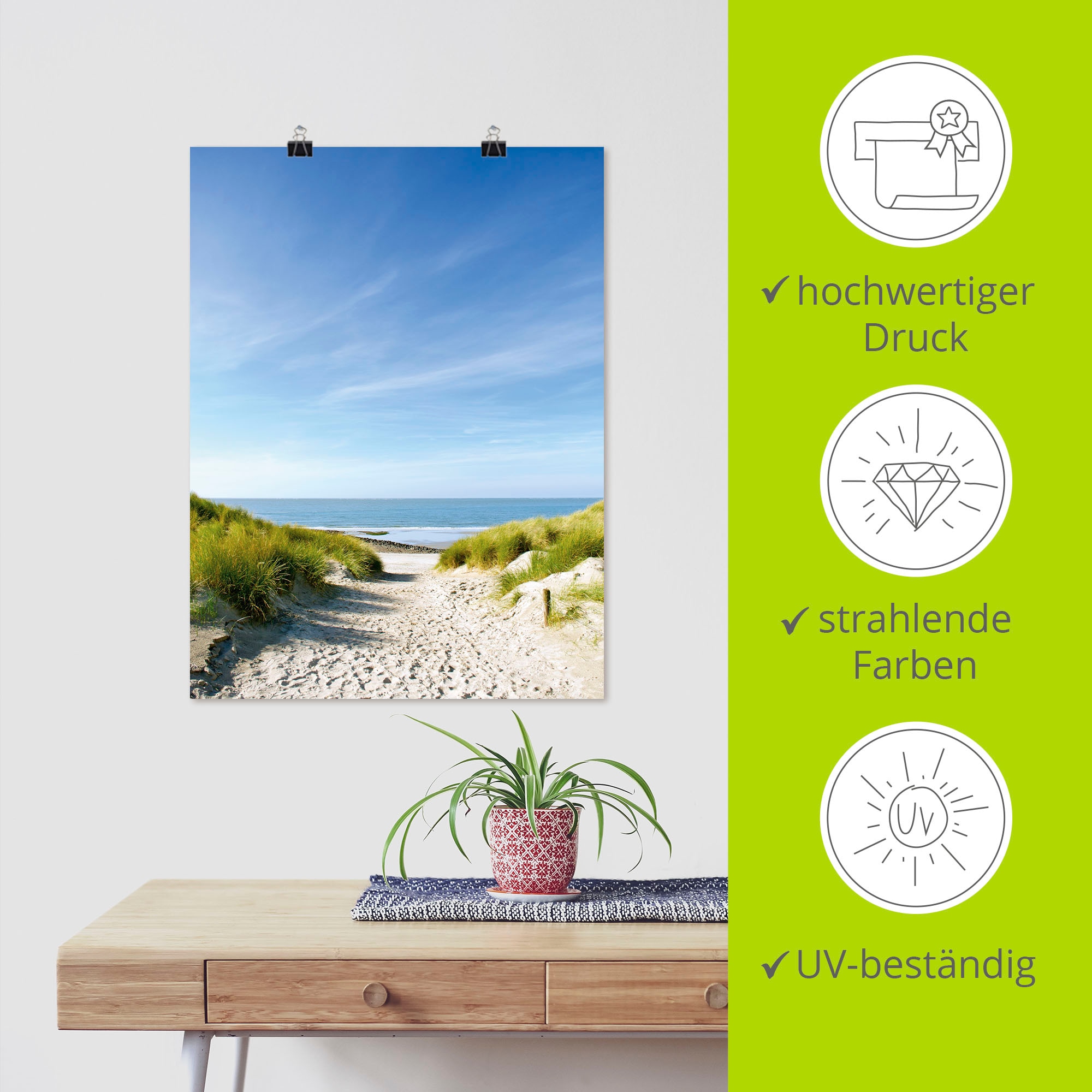 Artland Wandbild »Strand mit Sanddünen und Weg zur See«, Strand, (1 St.), als Alubild, Outdoorbild, Leinwandbild, Poster, Wandaufkleber