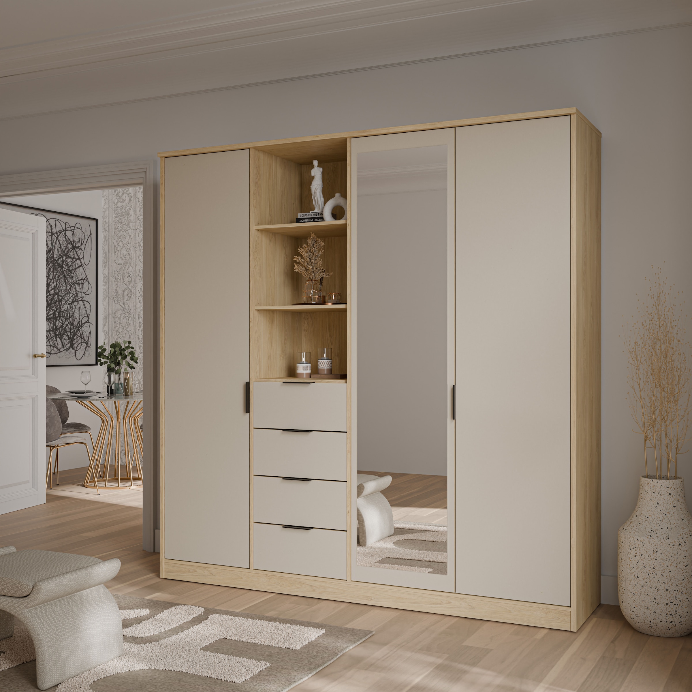 FORTE Kleiderschrank »Forte FORTASTA, 4 Schubladen, offene Ablage« B/H/T 207,5/212,7/52,7 cm, Spiegeltüre