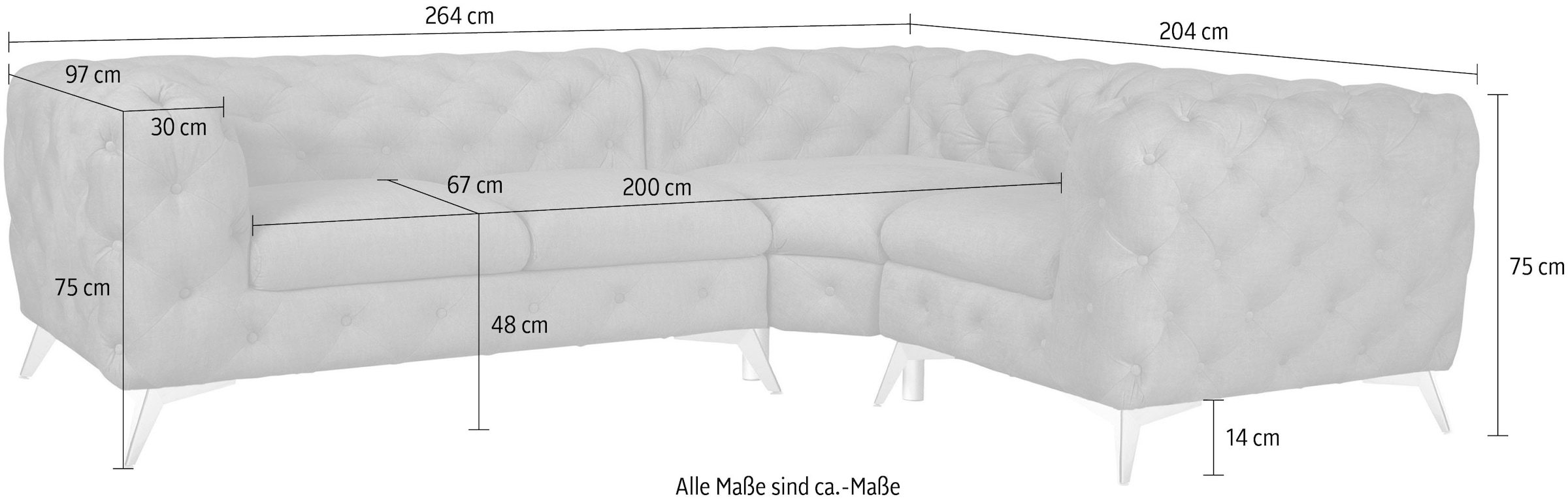 Leonique Chesterfield-Sofa »Ecksofa GLYNIS L-Form mit Wellenunterfederung, Maße B/T/H 264/204/75cm«, aufwändige Knopfheftung, moderne Chesterfield Optik, Fußfarbe wählbar