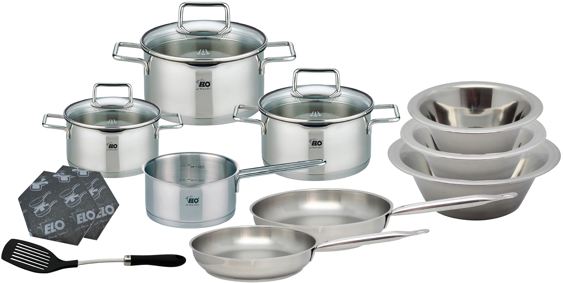 Elo Topf-Set "Smart Steam", Edelstahl 18/10, (Set, 12 tlg., Fleischtopf 16/20/24 cm, 1x Kasserolle 16 cm, je 1 Bratpfann