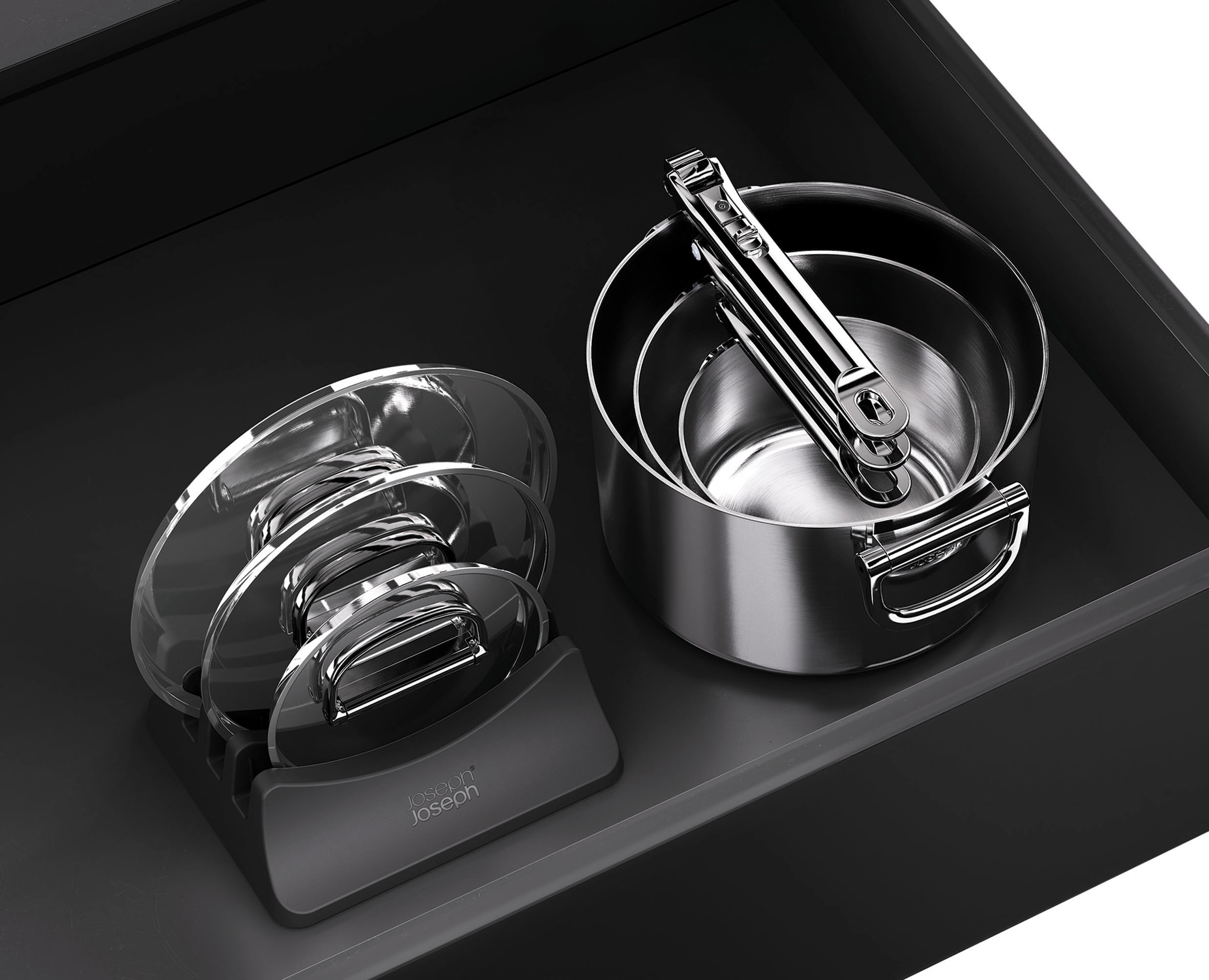 Joseph Joseph Pfannen-Set »Space Steel 3-teiliges Edelstahlpfannenset mit einklappbaren Griffen« Edelstahl Set, 3 tlg.