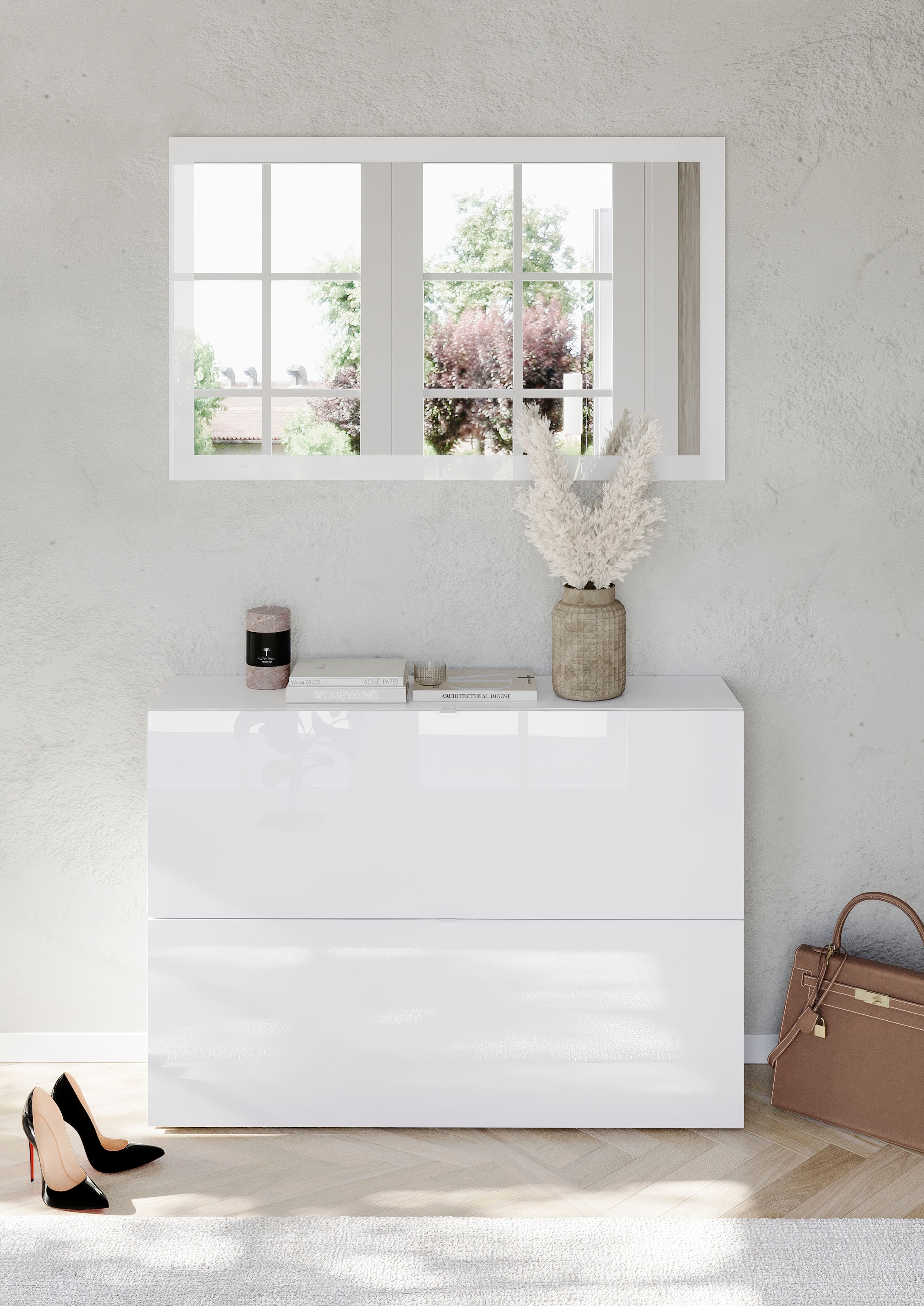 INOSIGN Garderobenspiegel »Breite x Höhe: 110 x 68 cm, mit Rahmen Weiss Hochglanz Lack«, passend zur Garderobe Smile + Hamburg, längs u. quer hängen